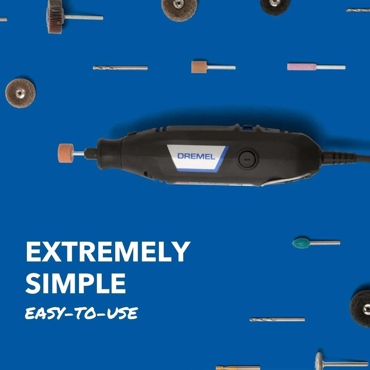 Dope Variable Speed Rotary Tool Kit For DIY With 15 Accessories and 1 Attachment shown with various accessories on blue background