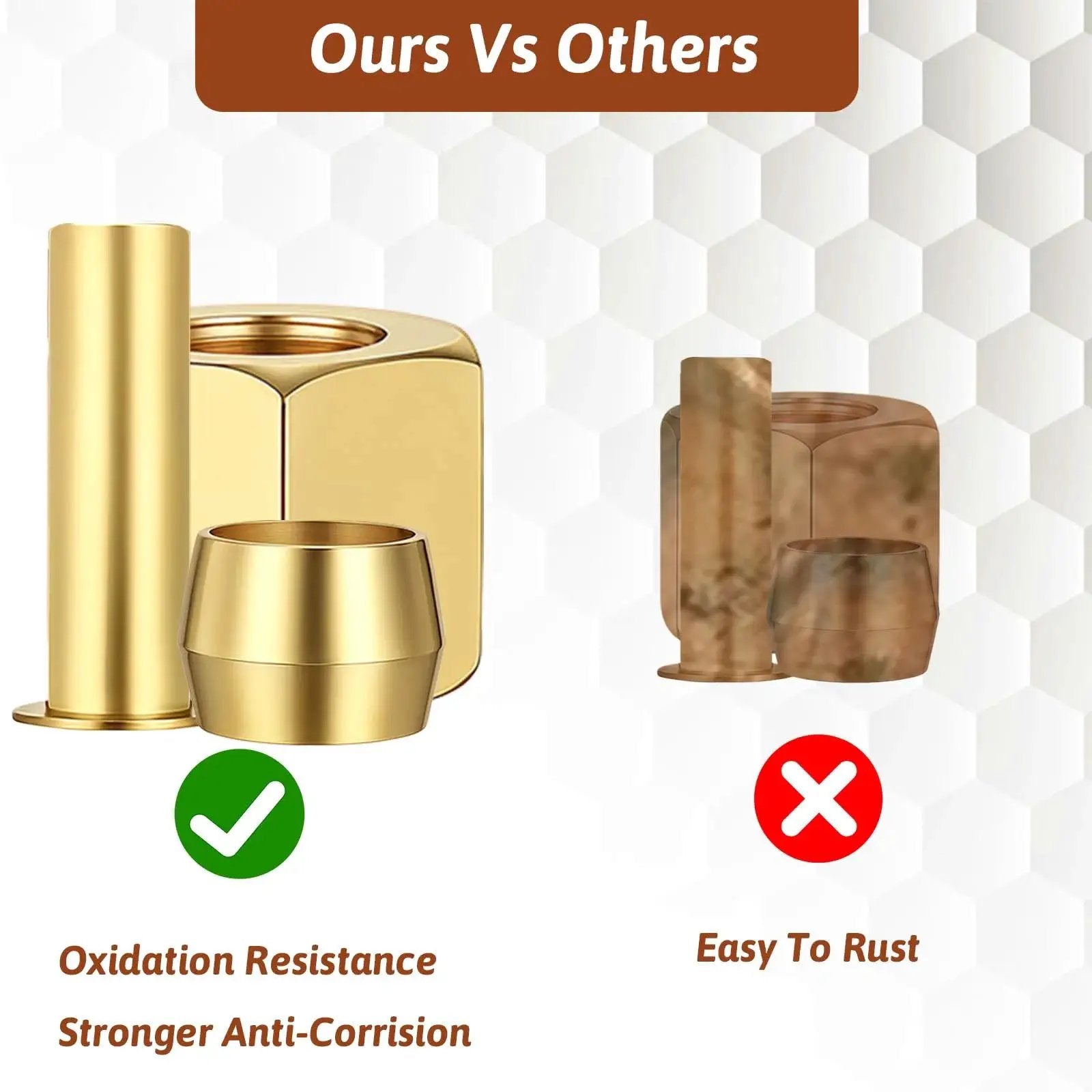 Brass One Quarter Inch Compression Fittings Assortment Kit with sleeves and nuts, showing oxidation resistance vs rust in comparison chart