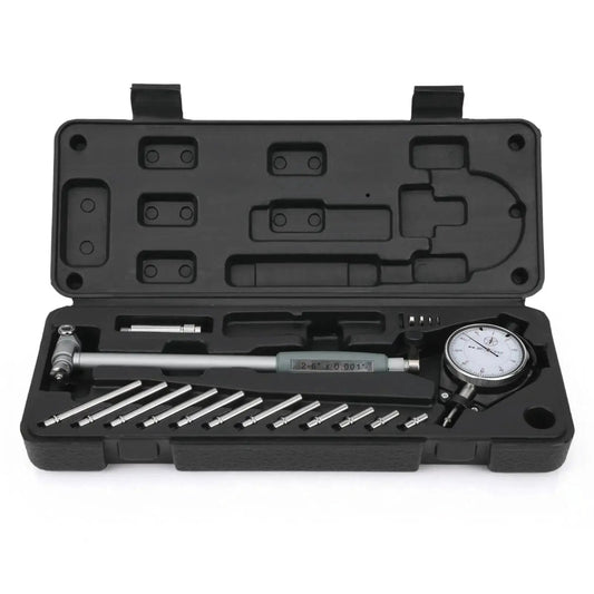 Dial Bore Gauge Set 50 To 160 Mm With 0.01 Mm Accuracy For Engine Cylinder Measurement, shown in open case with 12 heads.