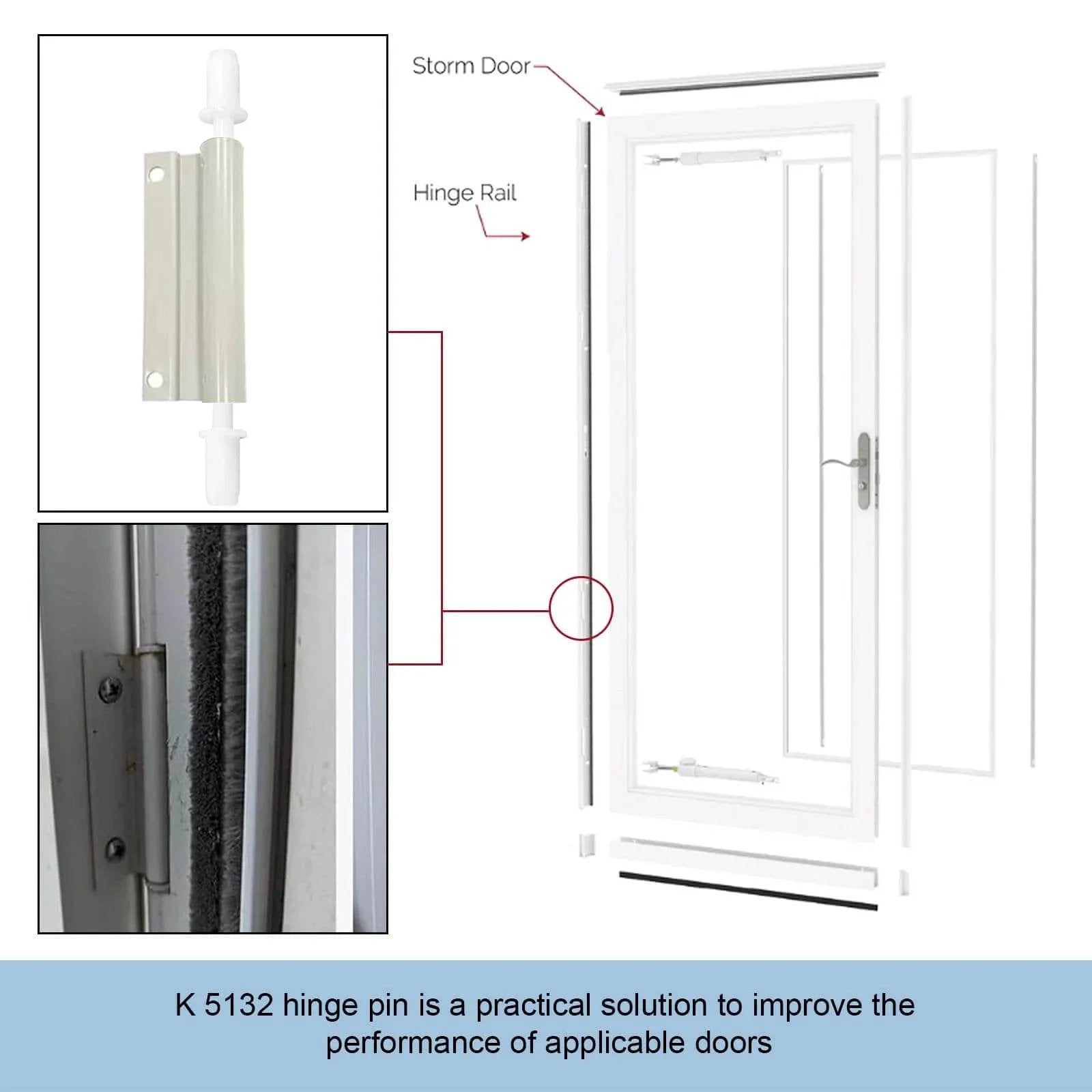 Diagram showing six sets of 1-7/16 inch screen and storm door hinge pin kit with white nylon pins and bushings for Croft doors.