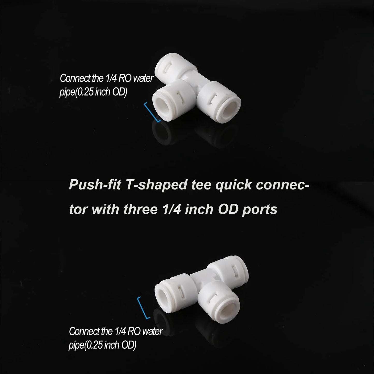 Ten Pack Quarter Inch Tee And Y Push Fit Fittings For RO Water Systems And Refrigerators, high pressure POM quick connects shown.