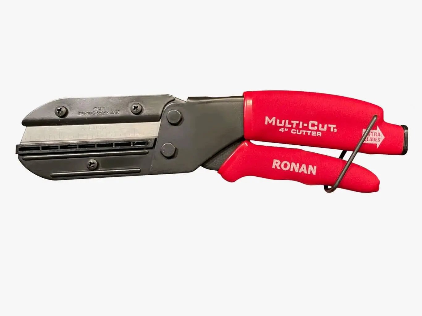 Multi-Cut 401 heavy-duty utility cutter for wood, plastic, rope, leather, linoleum, rubber, PEX piping, with red handle.