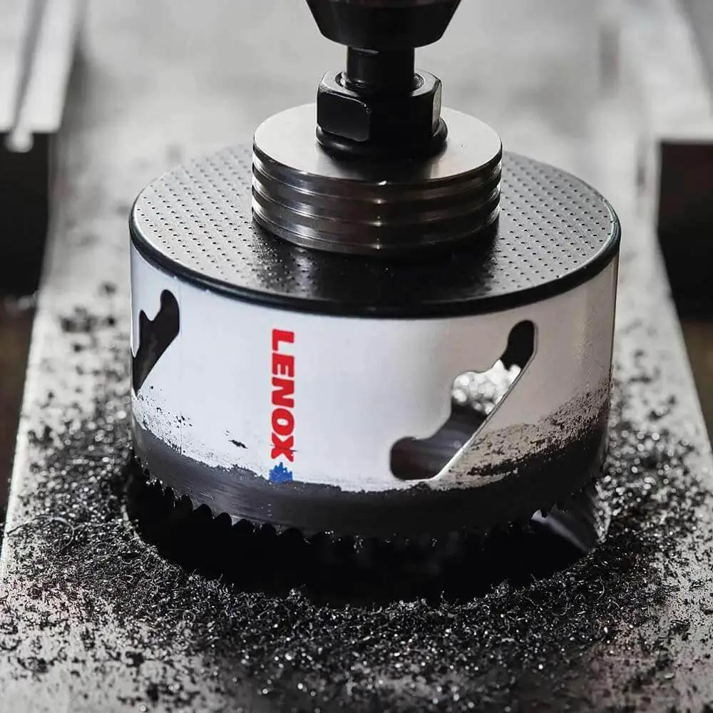 Bi Metal Speed Slot Hole Saw Two And Three Quarter Inch for metal and wood cutting shown in action on a metal surface