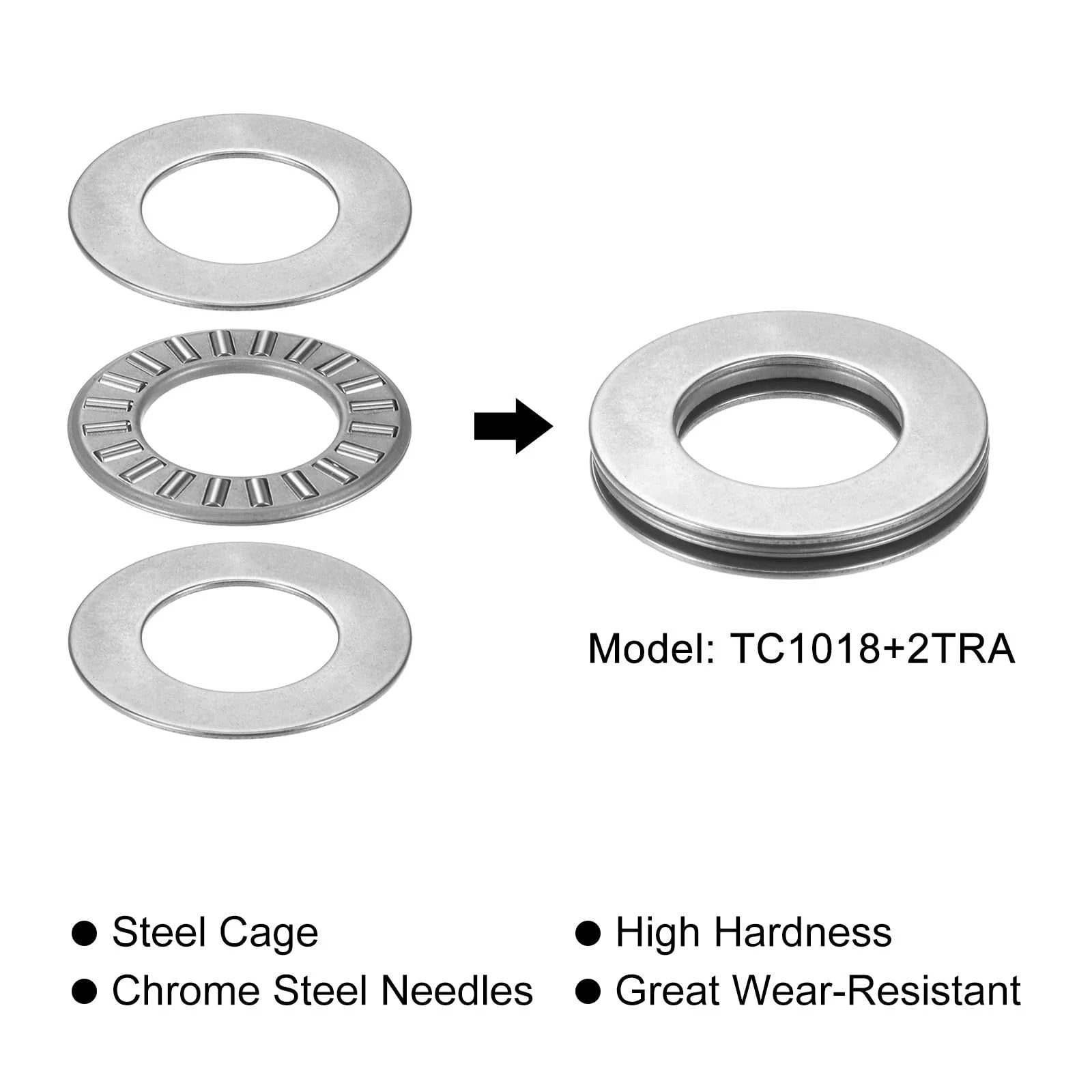 Thrust Needle Roller Bearing Set With Washers TC1018 5/8 Inch Bore 1 1/8 Inch OD 5/64 Inch Thick 10 Pieces Chromium Steel Rollers