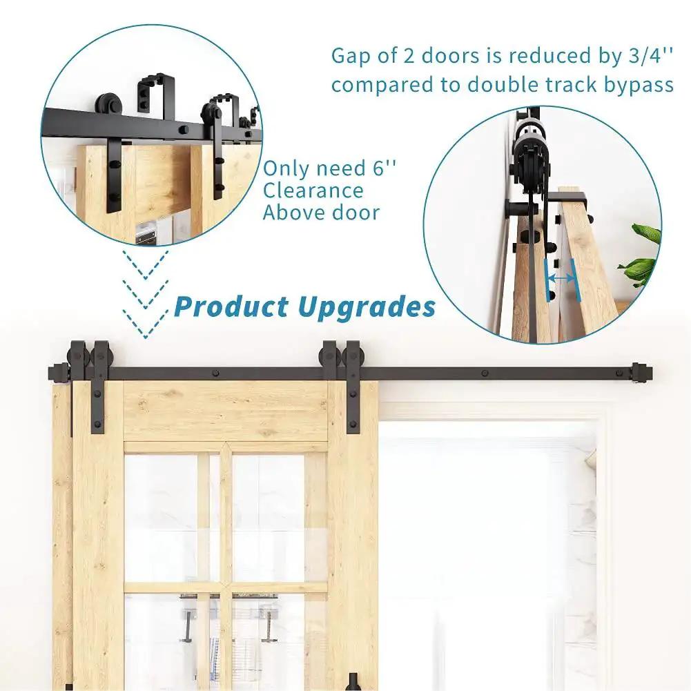 Bypass Barn Door Hardware Kit For 5 Feet Double Wooden Doors With Single Track And Flat Rollers, Low Ceiling Bypass System.