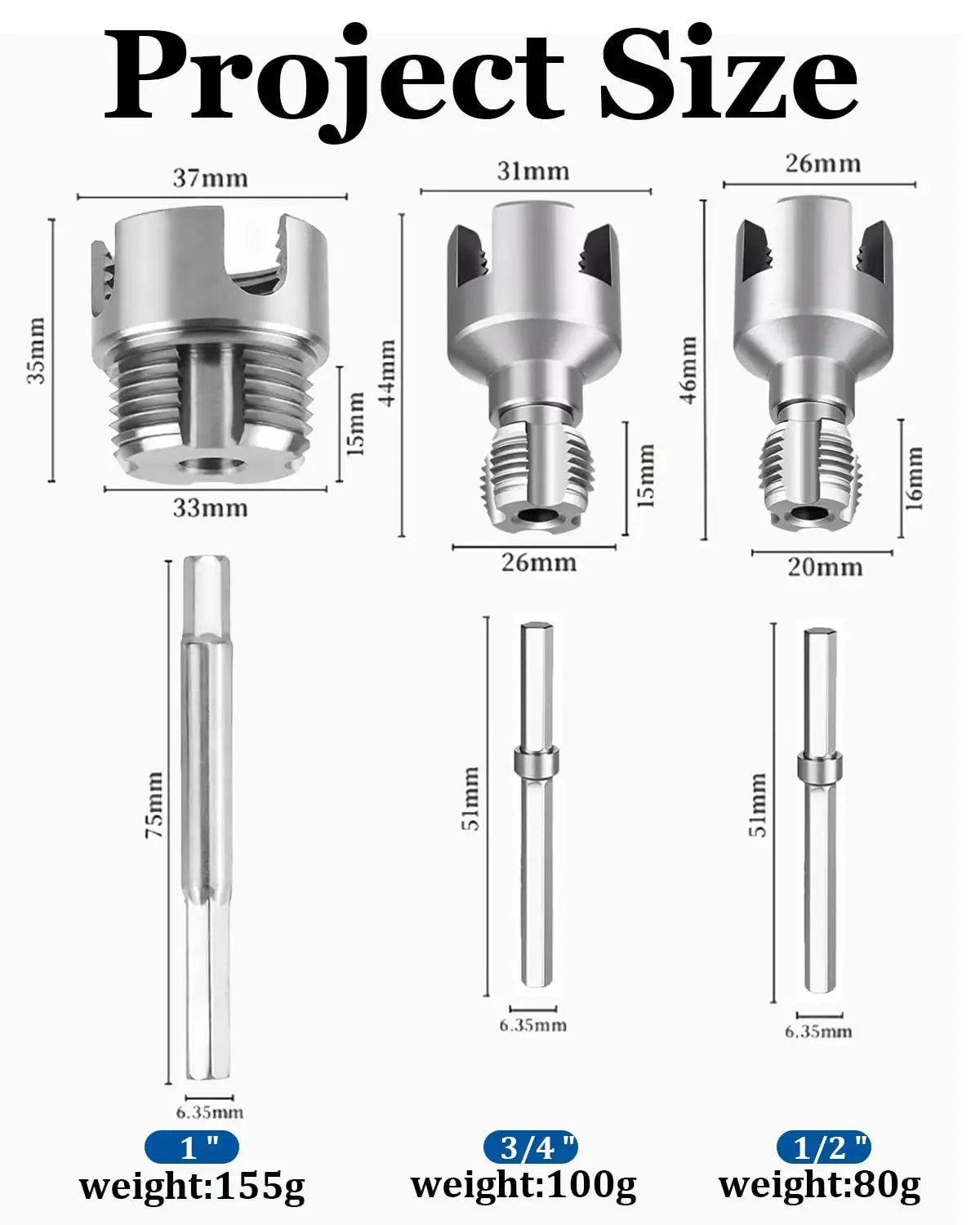 4 In 1 Water Pipe Threader Kit For One Half Inch, Three Quarter Inch, And One Inch Pipes, Carbon Steel Construction, Three Piece Set, sizes shown