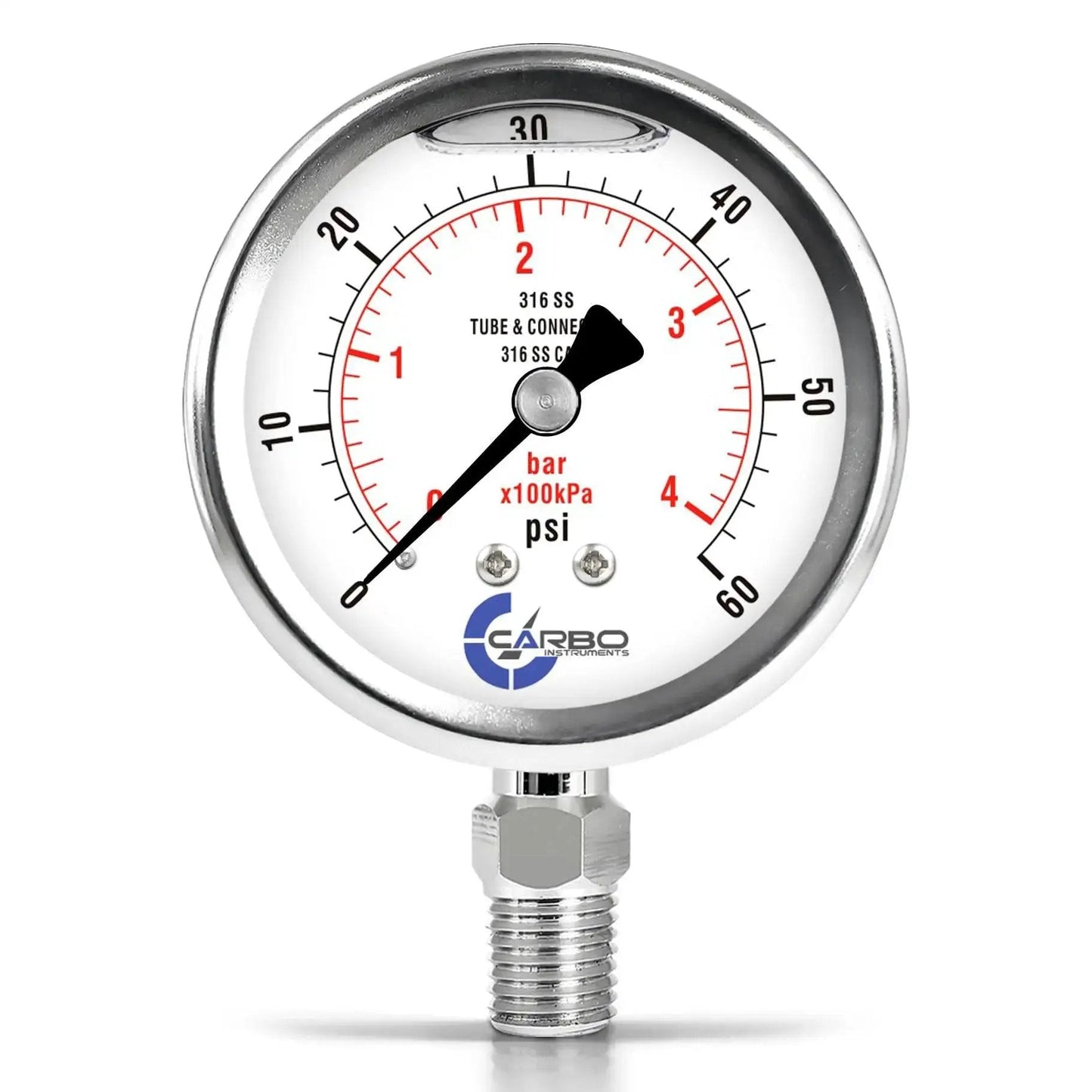 Stainless Steel Wetted Parts Carbo Instruments 2.5 Inch Pressure Gauge With Liquid Filled Case And Lower Mount One Quarter Inch NPT, 0 To 60 Psi KPa