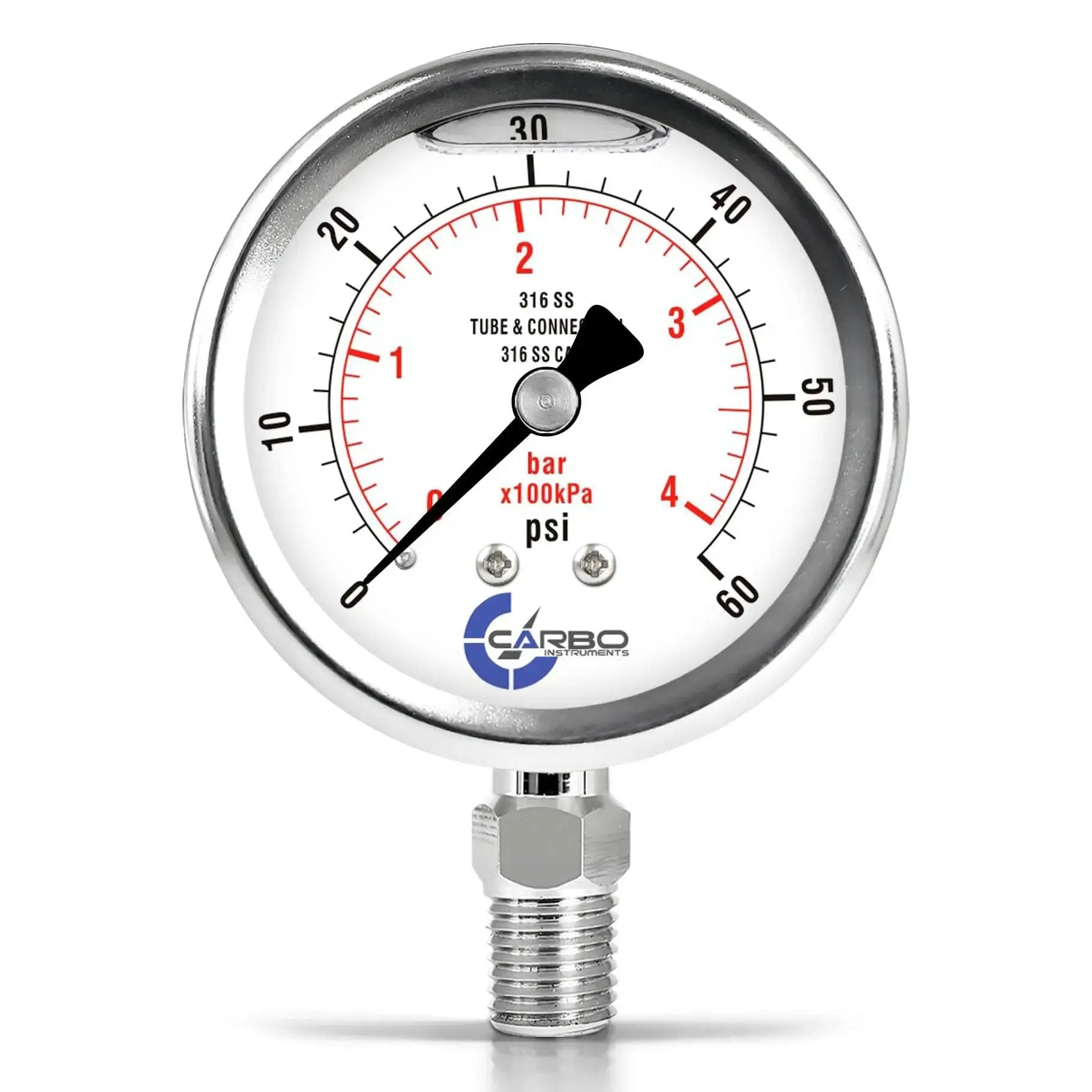 Stainless Steel Wetted Parts Carbo Instruments 2.5 Inch Pressure Gauge With Liquid Filled Case And Lower Mount One Quarter Inch NPT, 0 To 60 Psi KPa