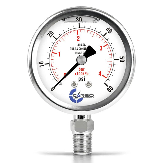 Stainless Steel Wetted Parts Carbo Instruments 2.5 Inch Pressure Gauge With Liquid Filled Case And Lower Mount One Quarter Inch NPT, 0 To 60 Psi KPa