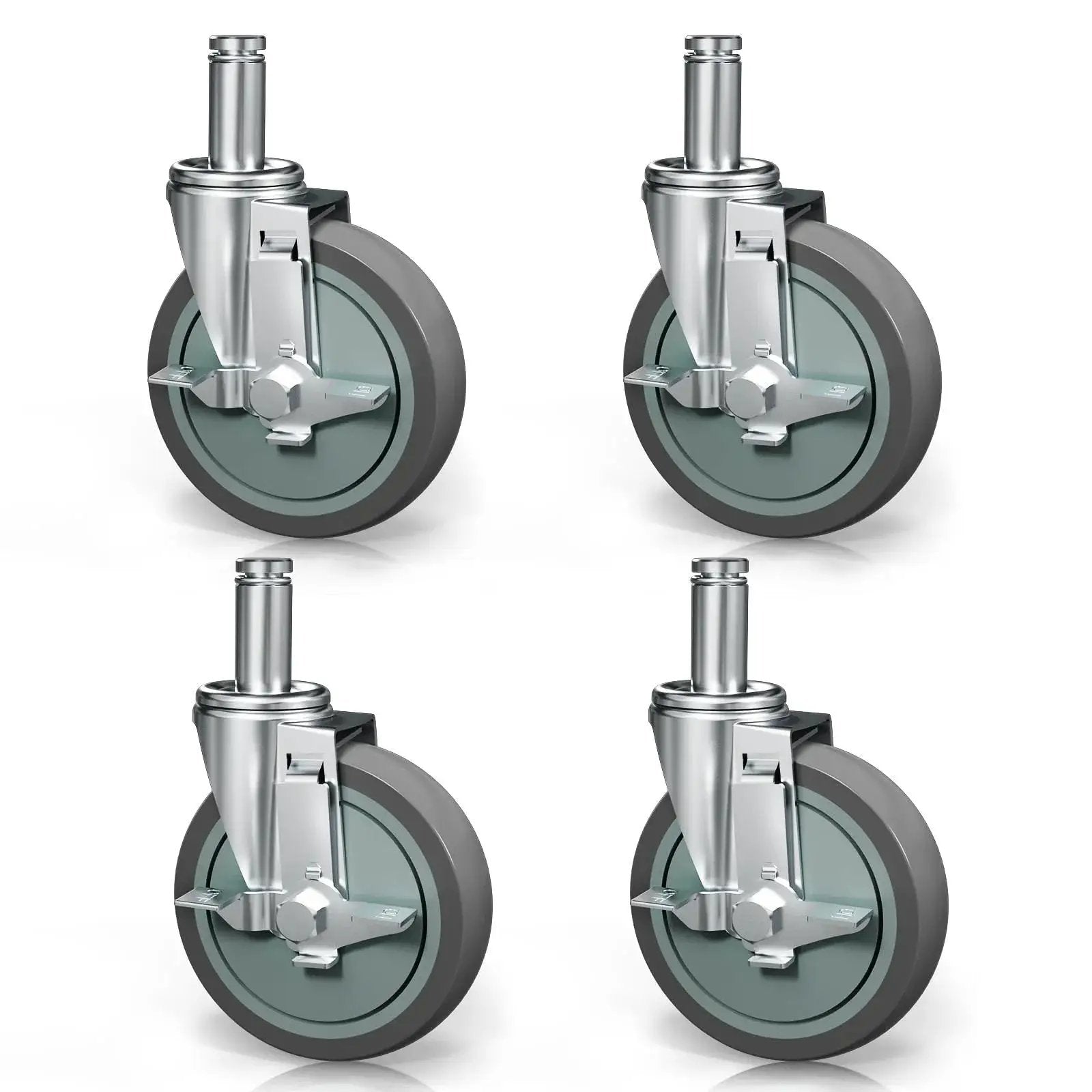 5 Inch Stem Locking Caster Wheels Set Of 4 For Wire Shelving Racks Heavy Duty With Brakes Non Marking Thermoplastic Rubber Wheels Each Caster Supports 350 Lb