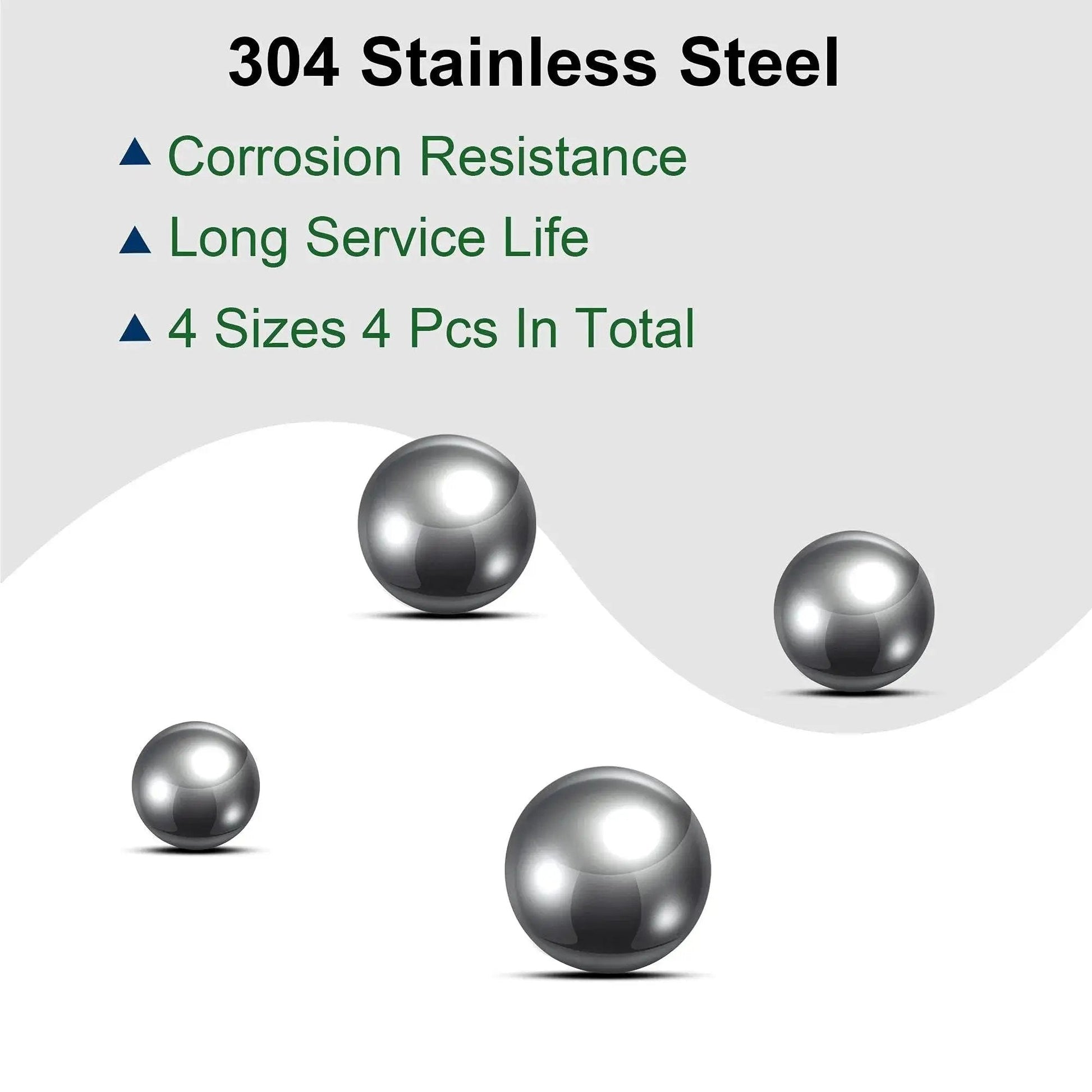 Bearing Balls Set, 304 Stainless Steel, Four Size Assortment In One Inch, Seven Eighths Inch, Three Quarters Inch, Five Eighths Inch with text on corrosion resistance