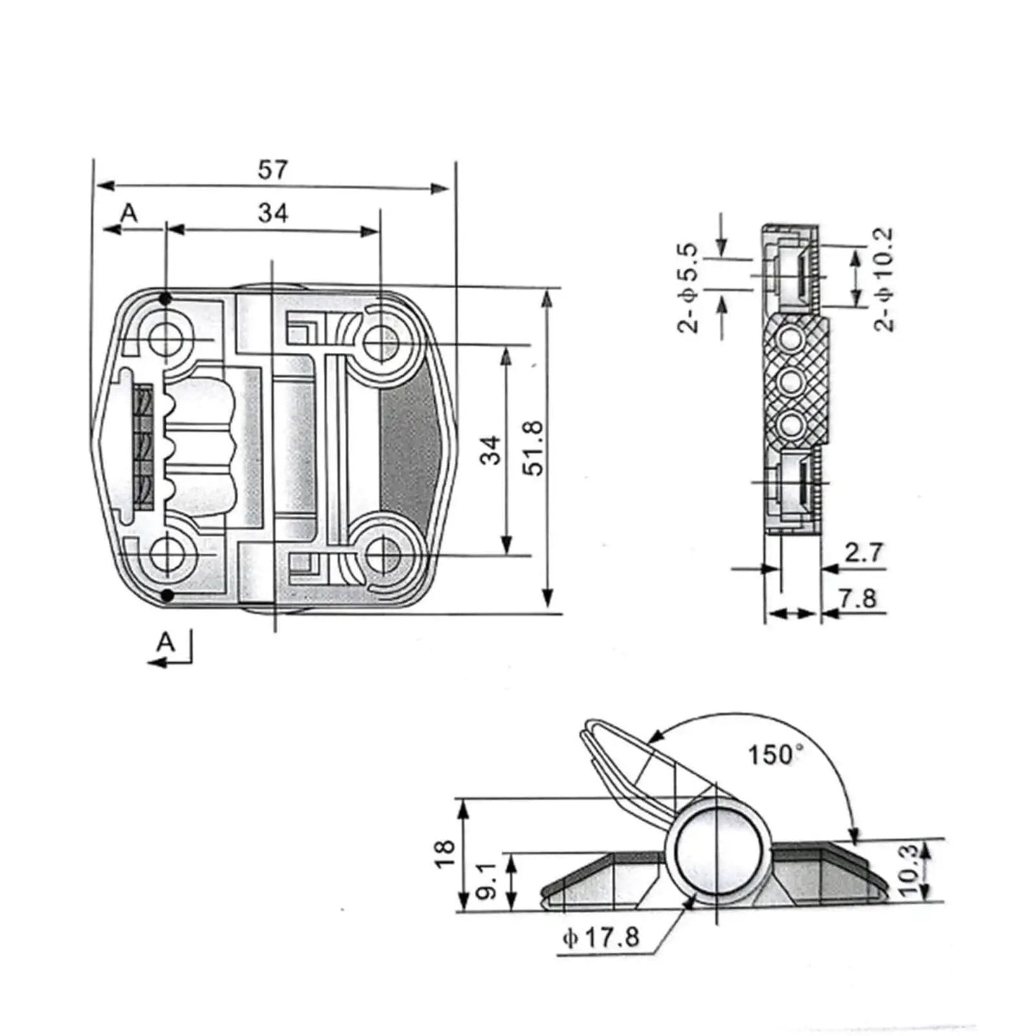 Technical drawing of Cl195 Plastic Hinge Adjustable Torque Multi Point Positioning Door Hinge Black 1 Piece for cabinets and doors