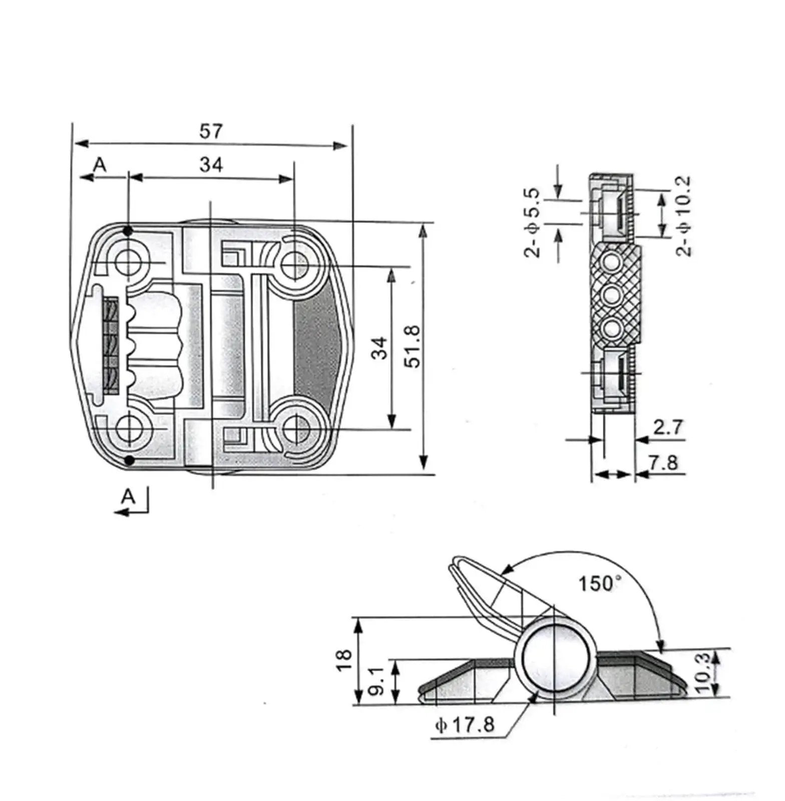 Technical drawing of Cl195 Plastic Hinge Adjustable Torque Multi Point Positioning Door Hinge Black 1 Piece for cabinets and doors