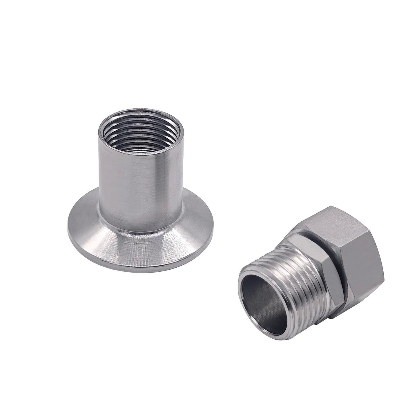 Stainless Steel Garden Hose Tri Clamp Fitting 1.5 TC To 3 Quarter GHT Female Adapter, 304 stainless, front view of components.