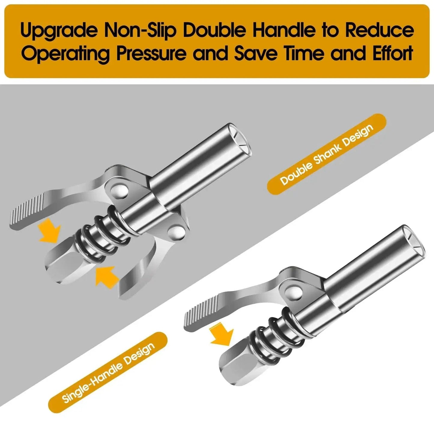 Lock N Lube Grease Gun Coupler And Double Handle Nozzle Set showing double and single handle designs, metal construction.