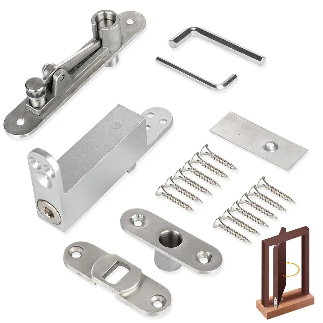 Heavy Duty Self Closing Pivot Hinges For Doors With Hidden Bookcase Design Stainless Steel 360 Degree Invisible Hinge System Including Installation Screws Auto Closure And Smooth Roller Bearing, components displayed on white surface with hinge parts and screws.