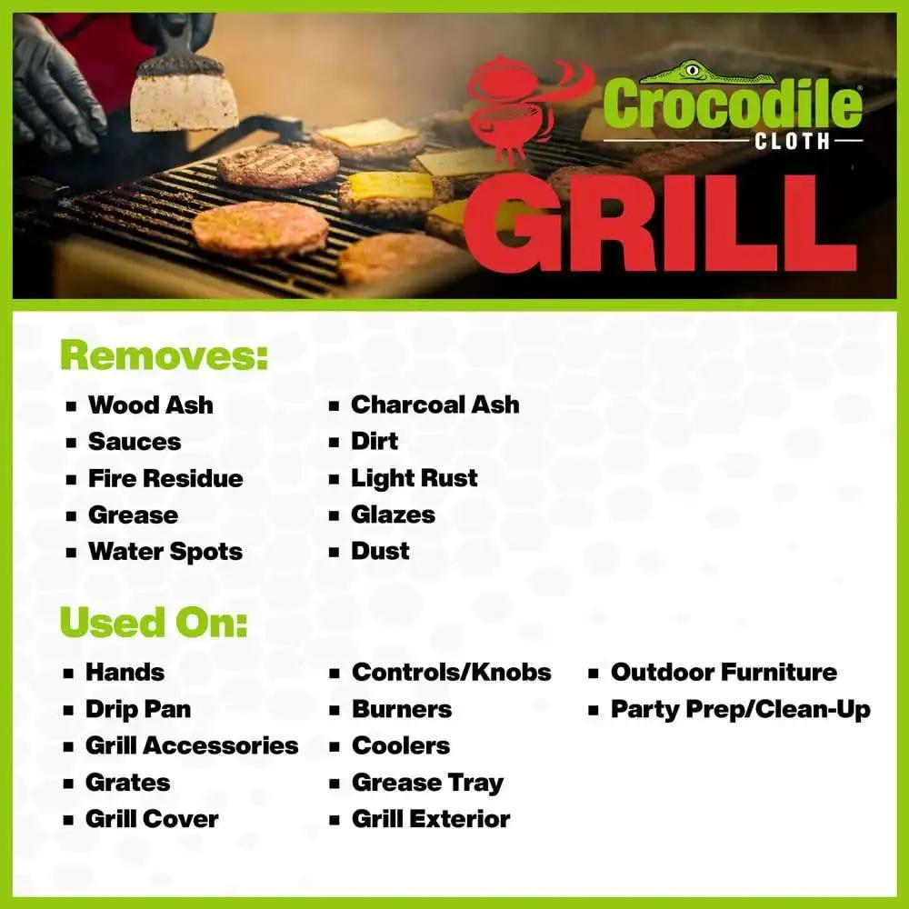 Crocodile Cloth Grill packaging with list of surfaces and residues cleaned by plant based grill cleaning wipes, aloe and vitamin E.