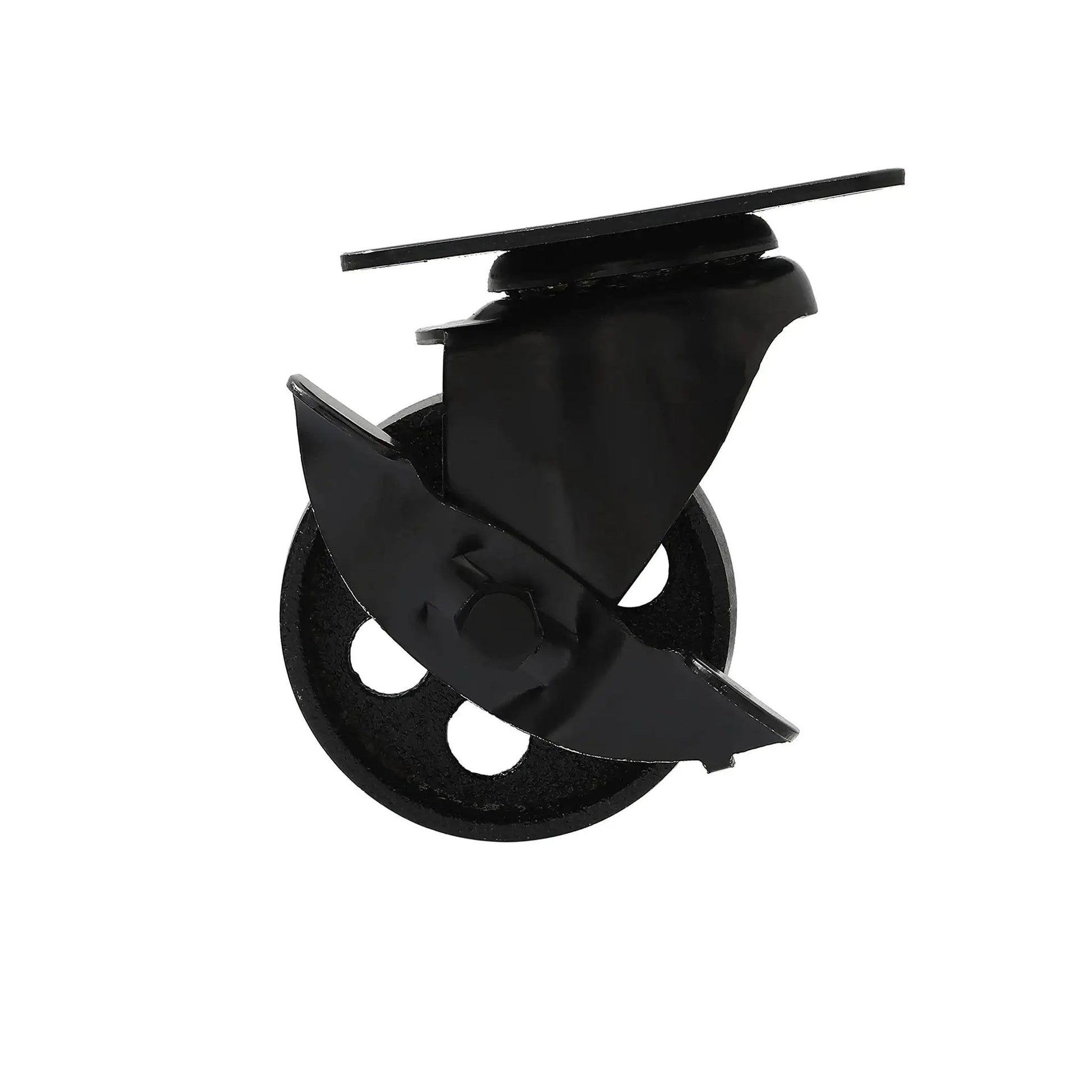 Side view of All Black Four Pack Metal Swivel Plate Caster Wheel With Brake Lock, 3 Inch, for industrial use, 300+ lbs load capacity.