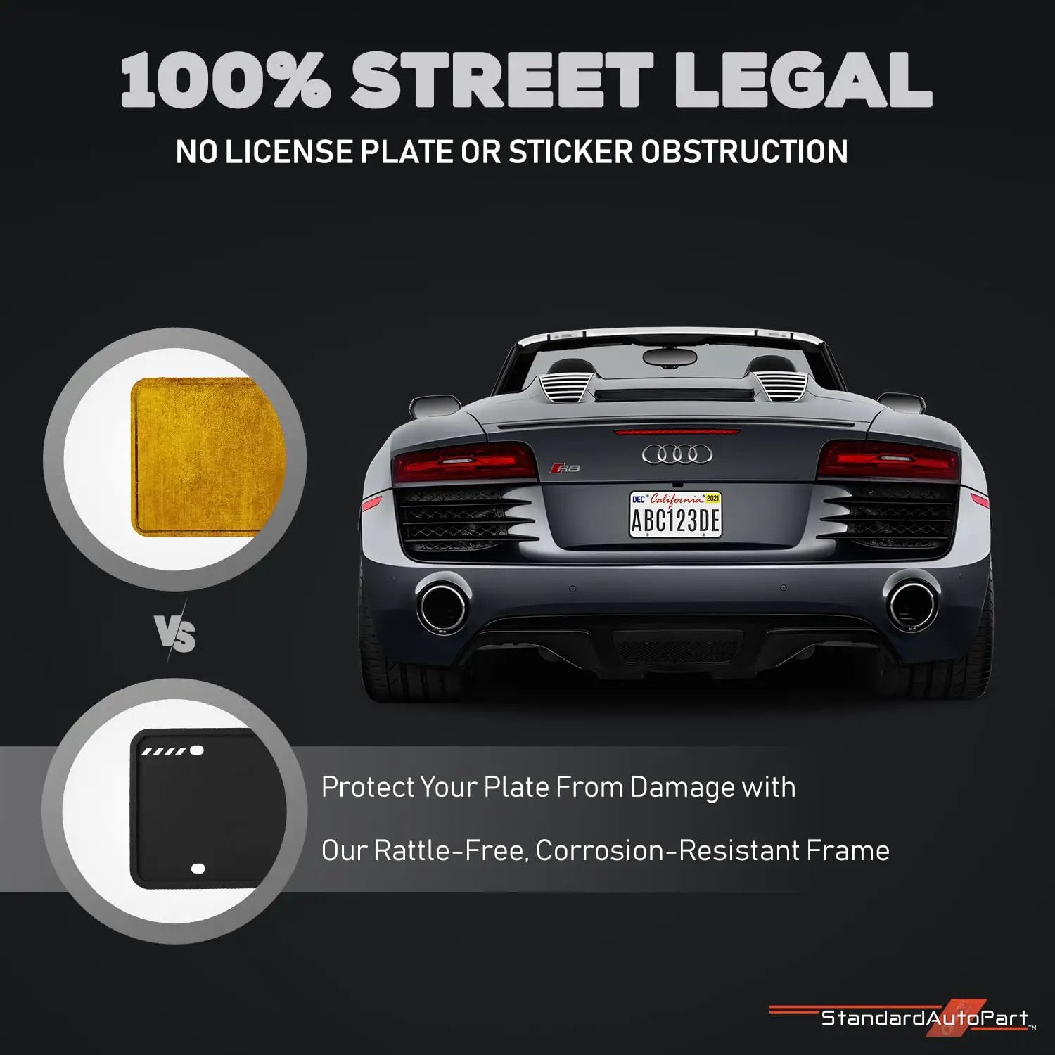 Silicone License Plate Frame Durable For Front And Rear Universal No Obstruction Anti Rattle Anti Scratch Must Have Weatherproof Rust Proof Street Legal Car Accessory displayed on a black sports car.