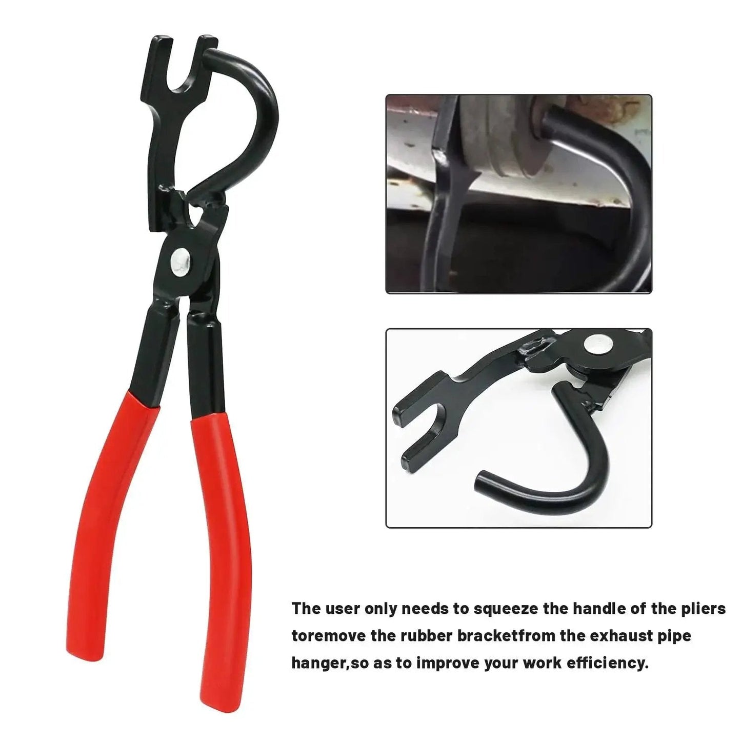 Exhaust Hanger Removal Tool Pliers Compatible With All Exhaust Hangers, showing steel pliers with red handles and close-up of use