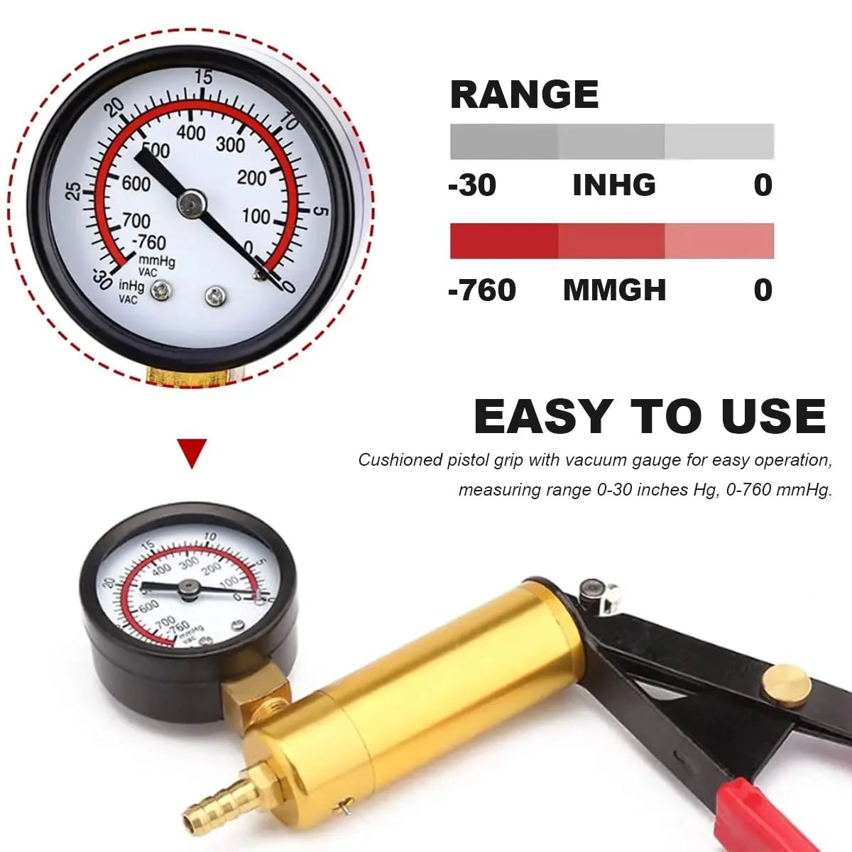 Close-up of SHMZK Hand Held Brake Bleeder Kit with gauge and vacuum pump for cars, with pressure range displayed.