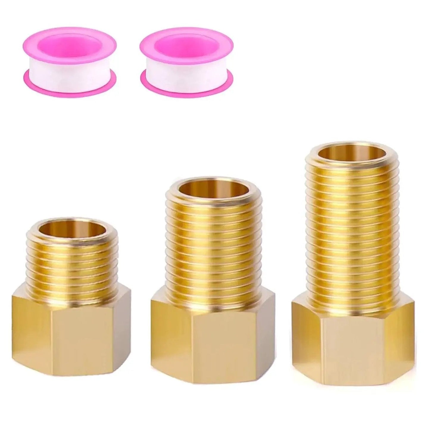 Three brass pipe extension fittings with hex bushing adapters, half inch female to male, and pink Teflon tape for DIY installations.