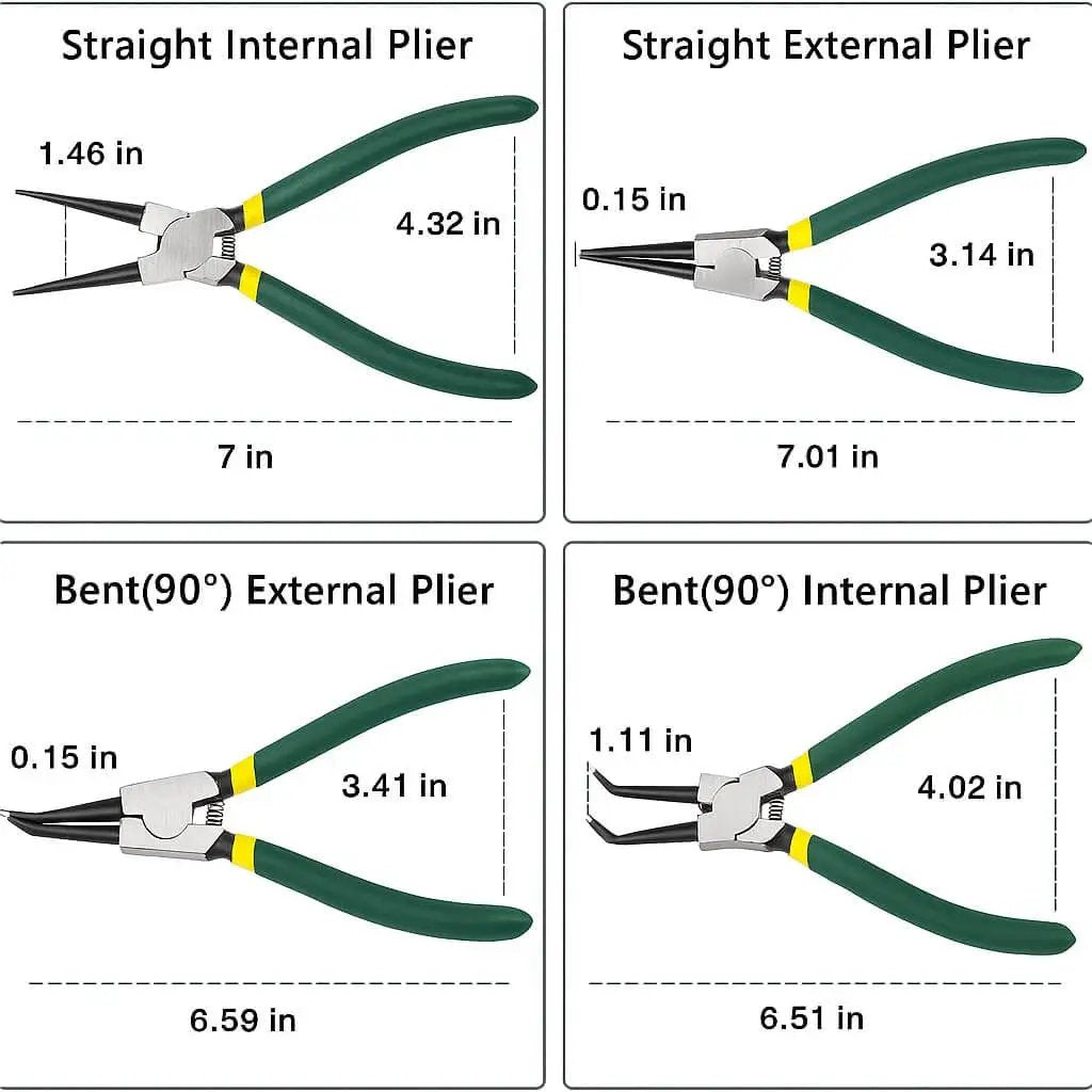 Diagram of 7 Inch Snap Ring Pliers Set 4 Piece Heavy Duty Retaining Ring Pliers Kit with dimensions for straight and bent jaws.