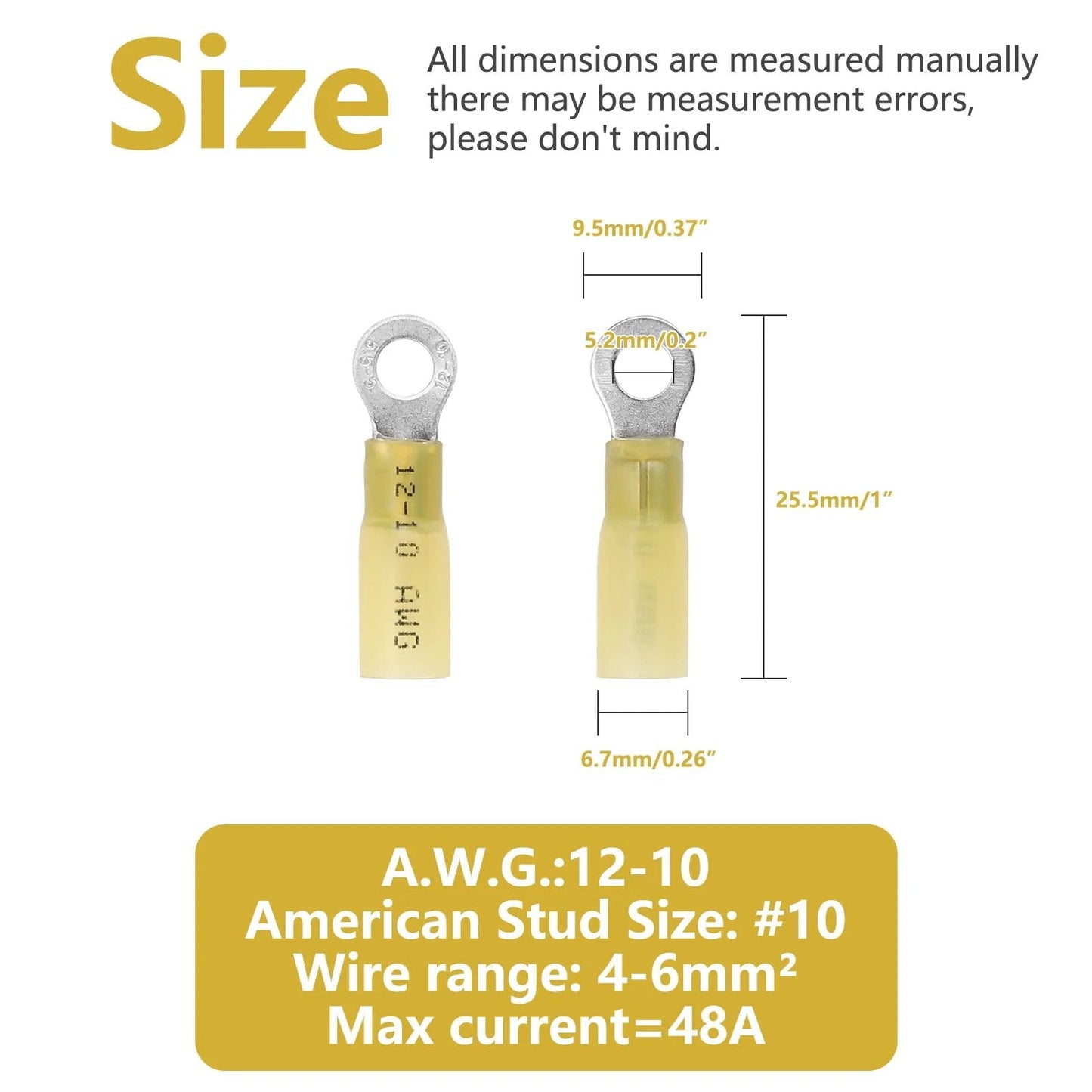 Heat Shrink Ring Terminals For 12 To 10 AWG Wire, 100 Pcs Insulated Eyelet Connectors, size dimensions shown in yellow.