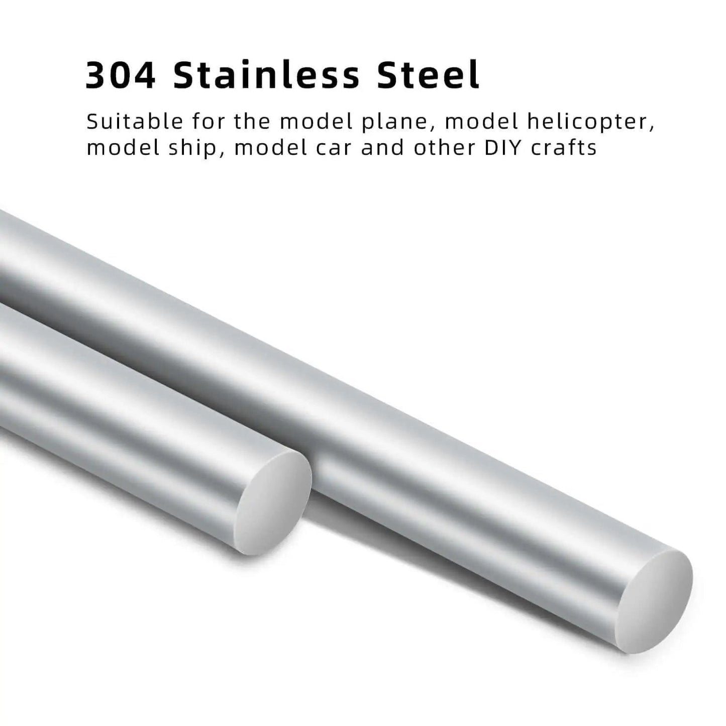One Eighth Inch Stainless Steel Rod Eight Inch Solid Round Shaft For DIY Projects And Metalworking Hobbies, 304 Stainless Steel, Rust Resistant And Strong, Smooth Finish, Great For Crafting And Pro Builds, Five Pack Mellewell, showing two rods on a white background.