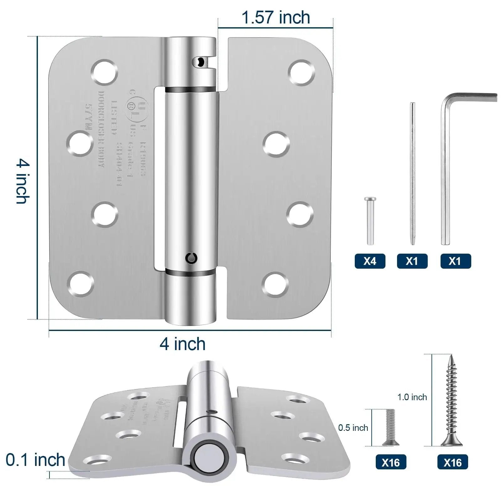 4 Inch Self Closing Door Hinges Spring Loaded Adjustable Tension For Garage Front And Back Doors Brushed Nickel UL Listed