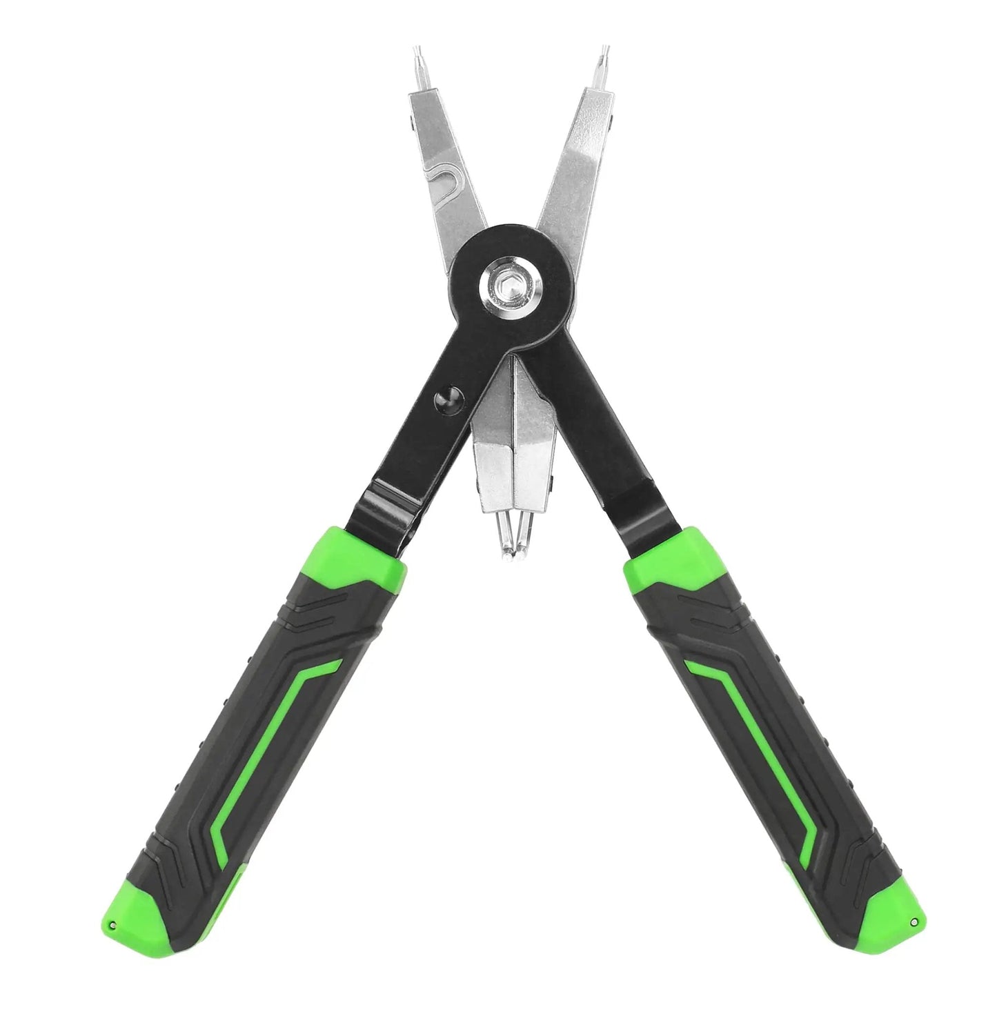 Pro Grade 8 Inch Quick Turn Snap Ring Pliers With Interchangeable Tips For Internal And External Rings Includes Straight And 90 Degree Curved Tips Durable 50 Steel Body With Chrome Vanadium Four Tip Sets For Precise Car Repair And Construction.