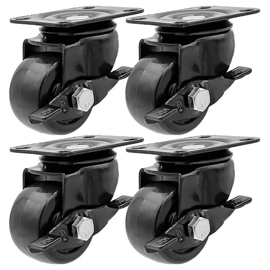 2 Inch Heavy Duty Polyurethane Caster Wheels With Side Locking Brake, Double Ball Bearing, Industrial Grade, Solid Low Profile, Smooth And Silent, 1000 Lb Capacity Pack Of 4 For Industrial Carts And Dollies