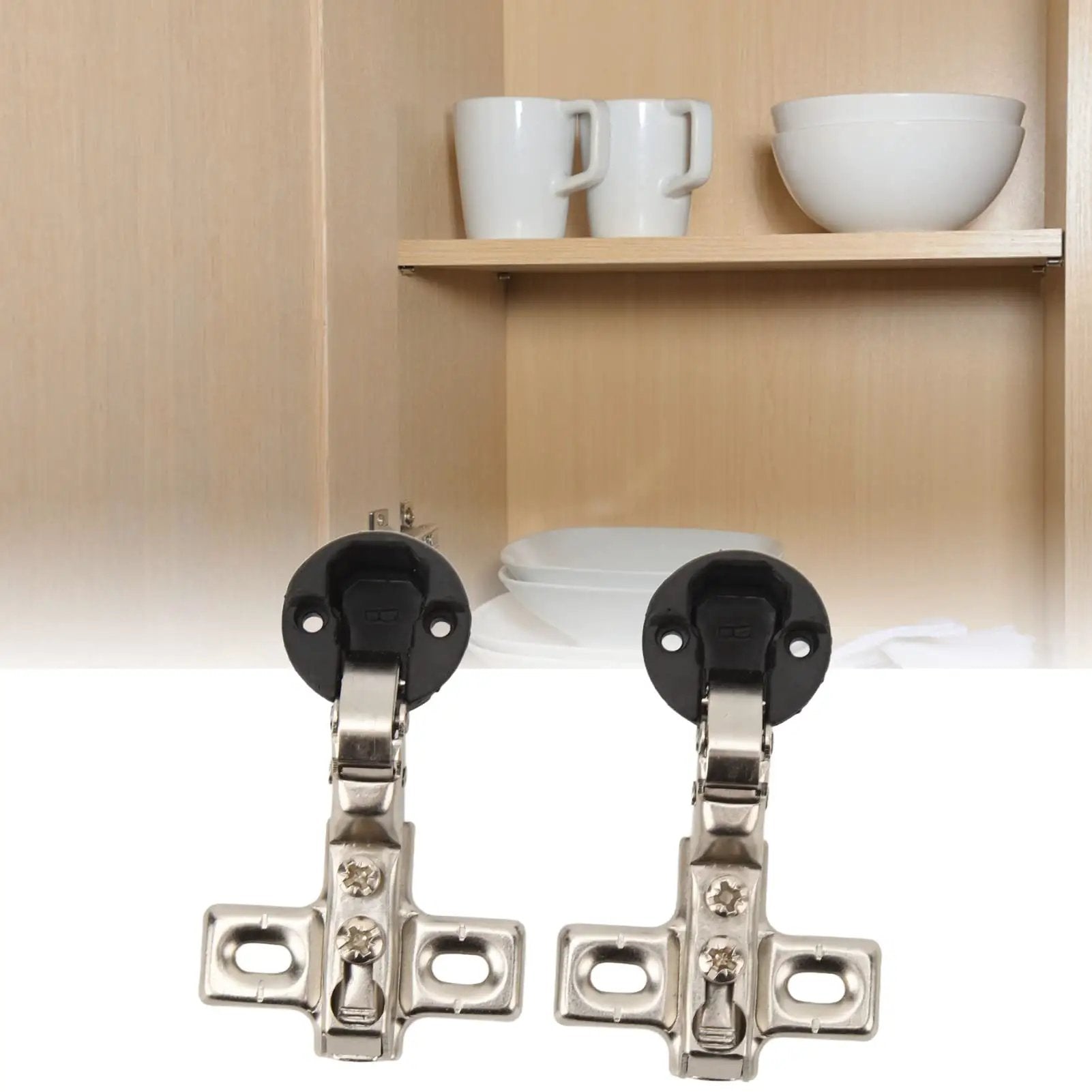 Soft Close Cabinet Hinges 26mm For Glass Doors 2 Pack Easy Install shown in a kitchen setting with cups and bowls on shelves