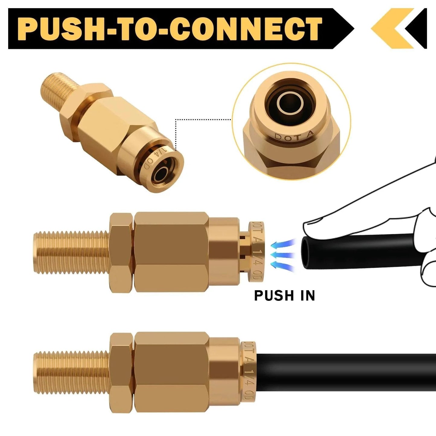 Inflation Schrader Valve With Push To Connect For One Quarter Inch Air Line Tubing And Air Spring Suspension For Heavy Duty Semi Truck Trailer Tractor Cheemuii DOT Approved Brass CNC No Leak Up To Two Hundred PSI, includes brass connector and push-in tubing guide.