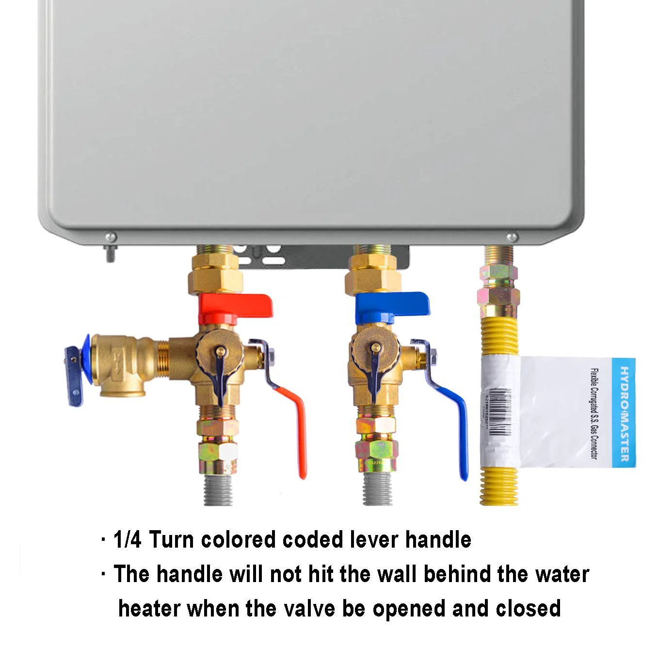 Tankless Water Heater Service Valve Kit With Pressure Relief Valve Three Quarter Inch IPS Isolator Clean Brass Durable Lead Free Forged Brass Construction Includes Hot And Cold Isolation Valves installed view showing lever handles.