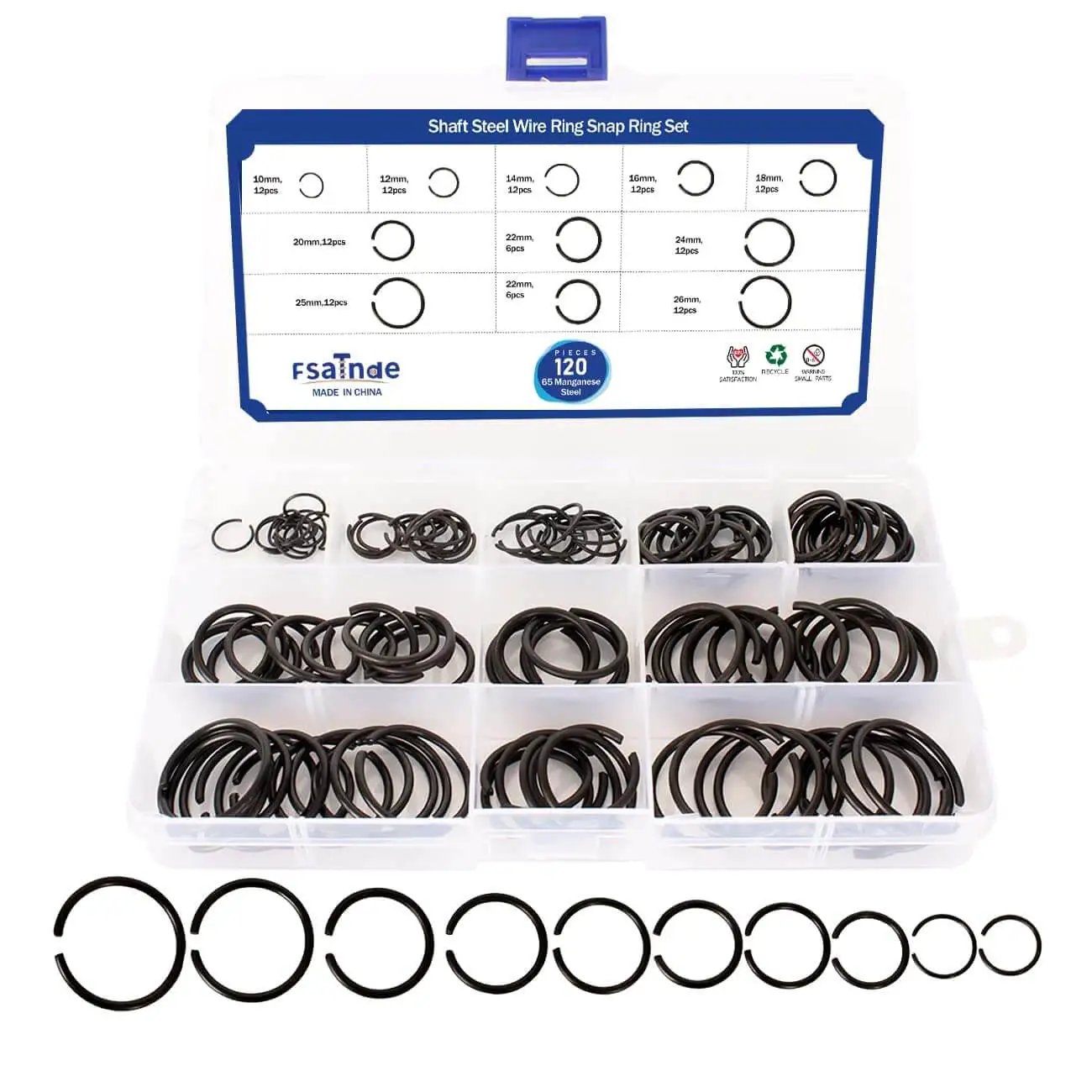 120Pcs GB895.2 Shaft Snap Ring Set 65Mn Steel Wire Retainer Clips in box with sizes 10 to 26 mm visible
