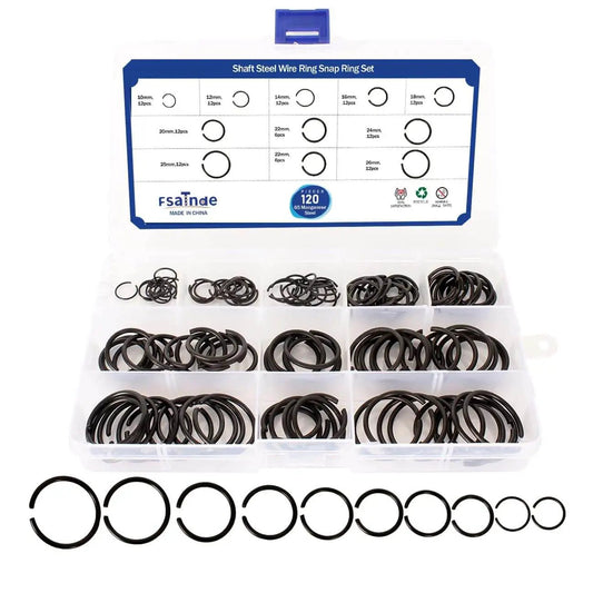 120Pcs GB895.2 Shaft Snap Ring Set 65Mn Steel Wire Retainer Clips in box with sizes 10 to 26 mm visible