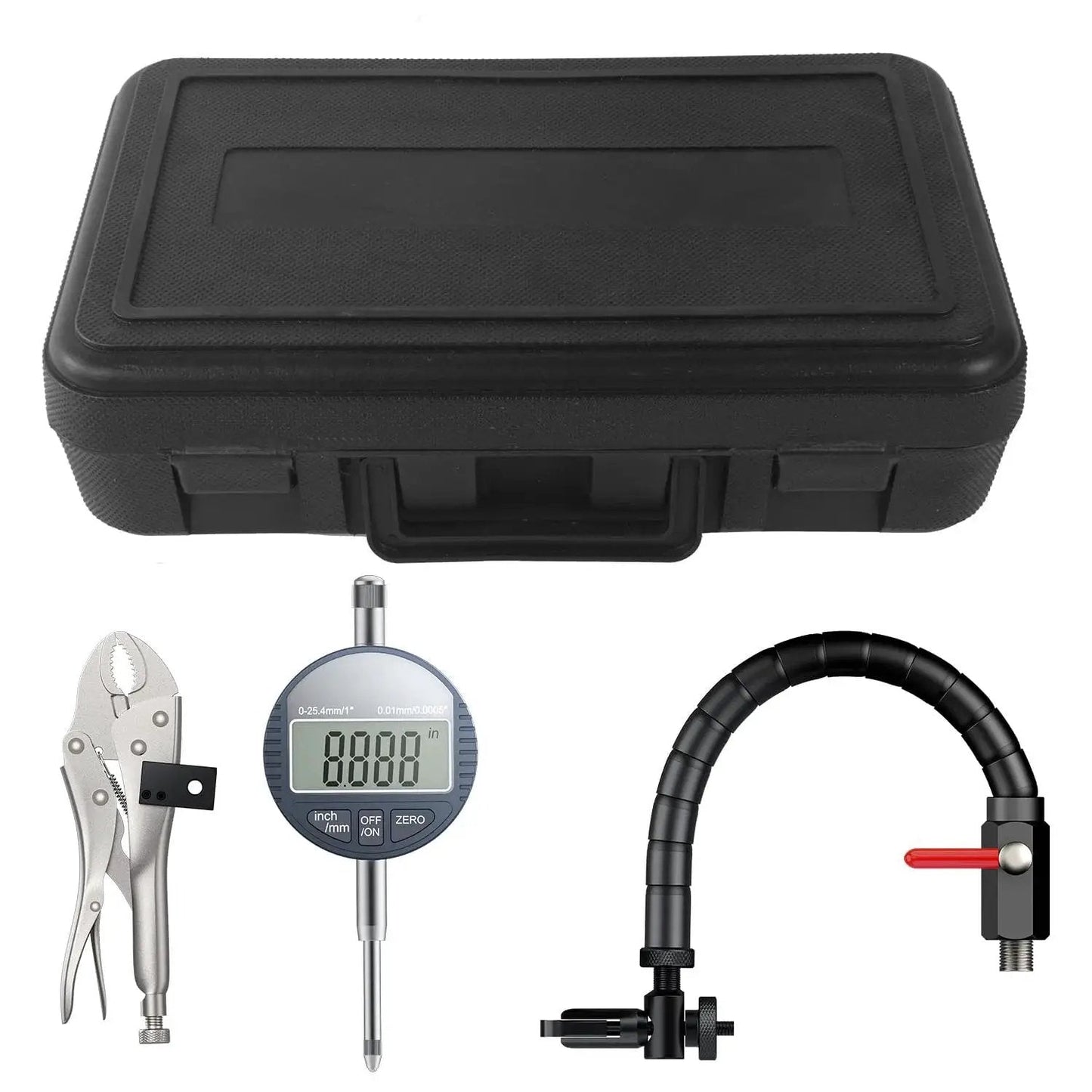 Pro Grade Digital Disc And Rotor Gauge From HDLNKAK for brake flatness with case, dial indicator, flexible stem holder, and arm.