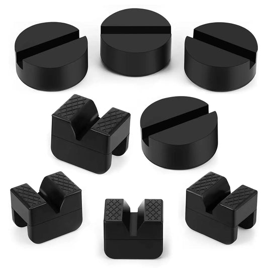 Universal Rubber Pads For Jack Stands Set 8 Pieces In 2 Types For Slotted Rails, showing 4 round and 4 Vgroove pads