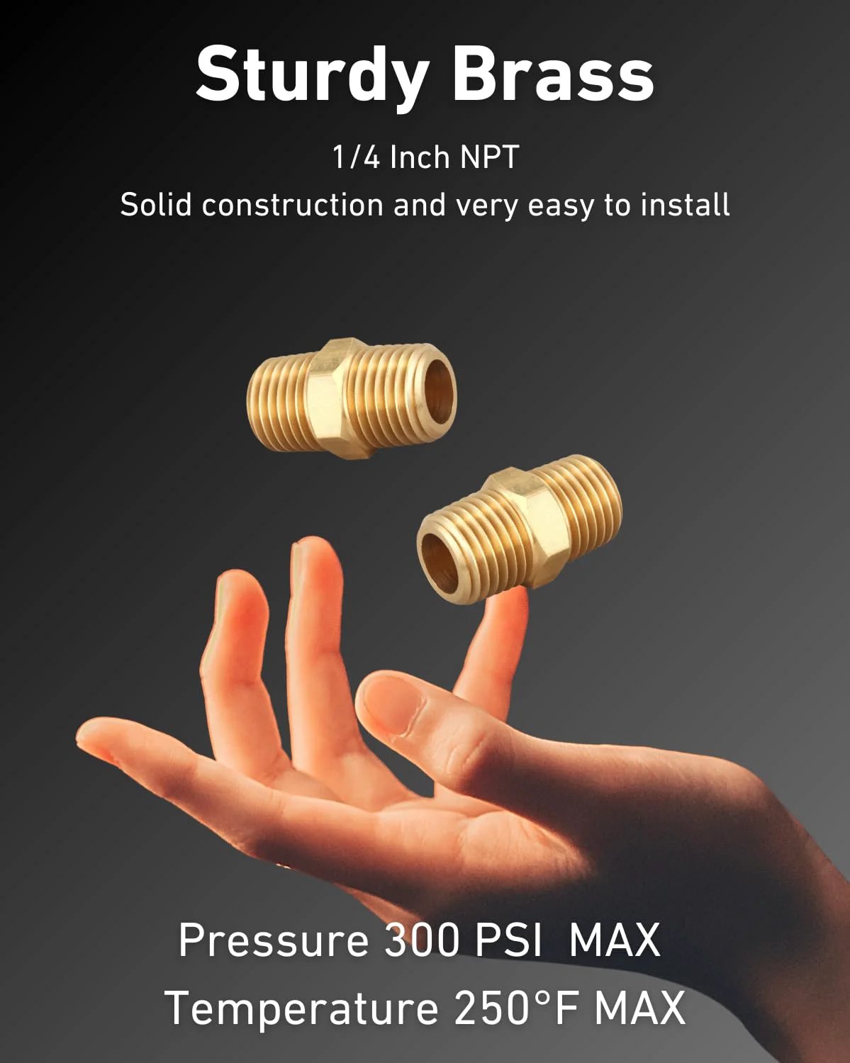Brass NPT Hex Nipples One Quarter Inch NPT Male To One Quarter Inch NPT Male Pipe Fittings One Half Inch OD To One Half Inch OD Air Hose And Plumbing Connector Kit Ten Piece Set Easy Install For Quick Leak Free Connections shown in hand