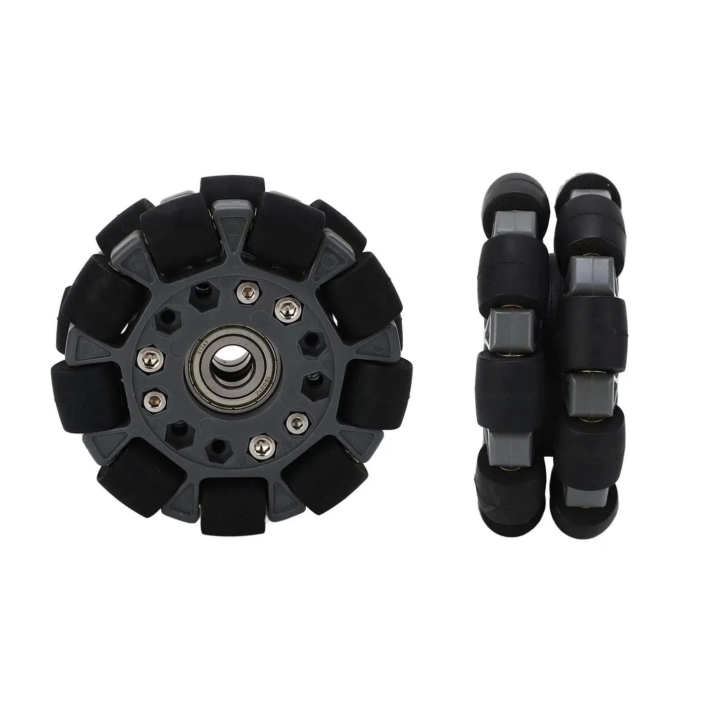 Omni Directional Robot Wheel 100mm with center bearing, black rubber segments for 360 degree rotation, set of two, front and side view