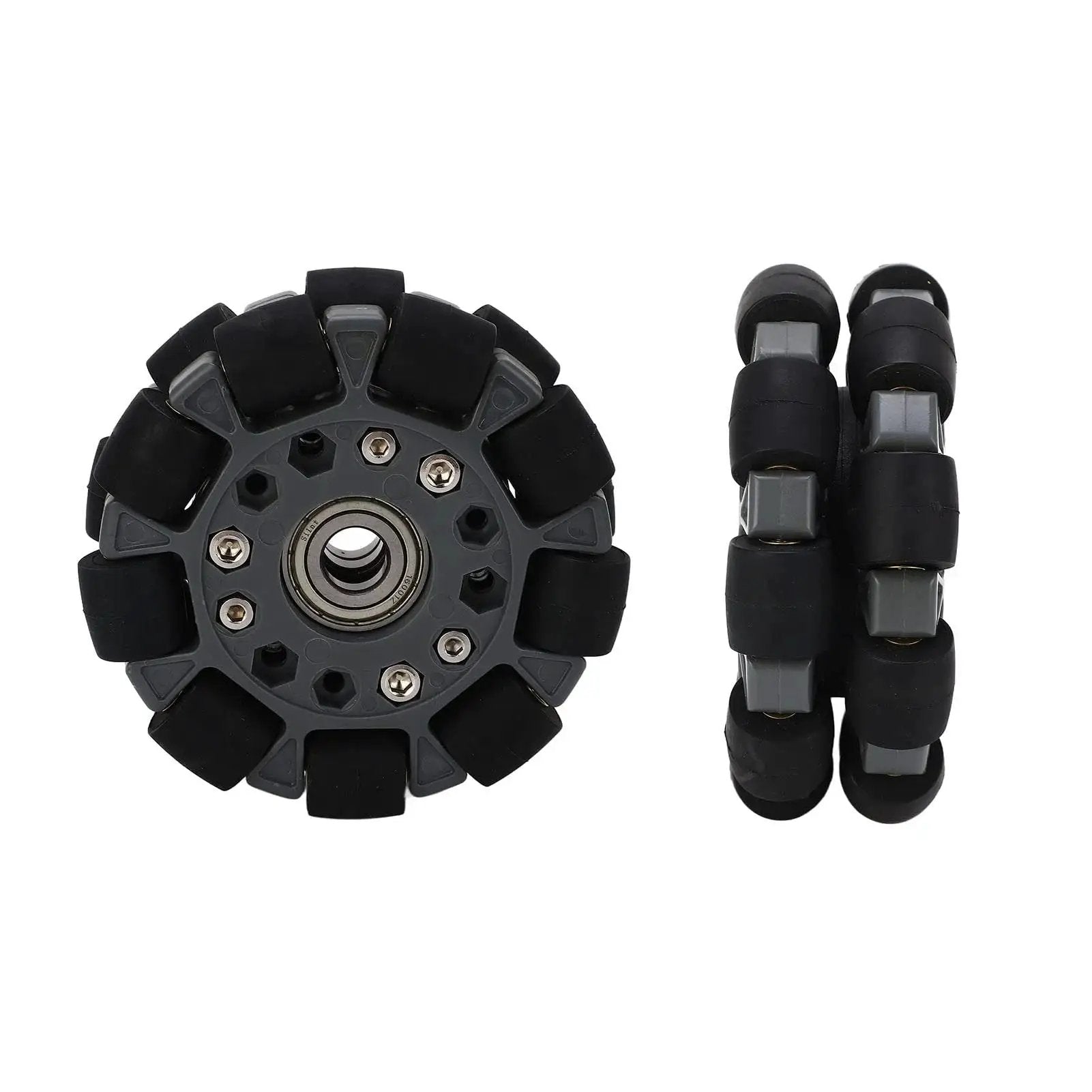 Omni Directional Robot Wheel 100mm with center bearing, black rubber segments for 360 degree rotation, set of two, front and side view