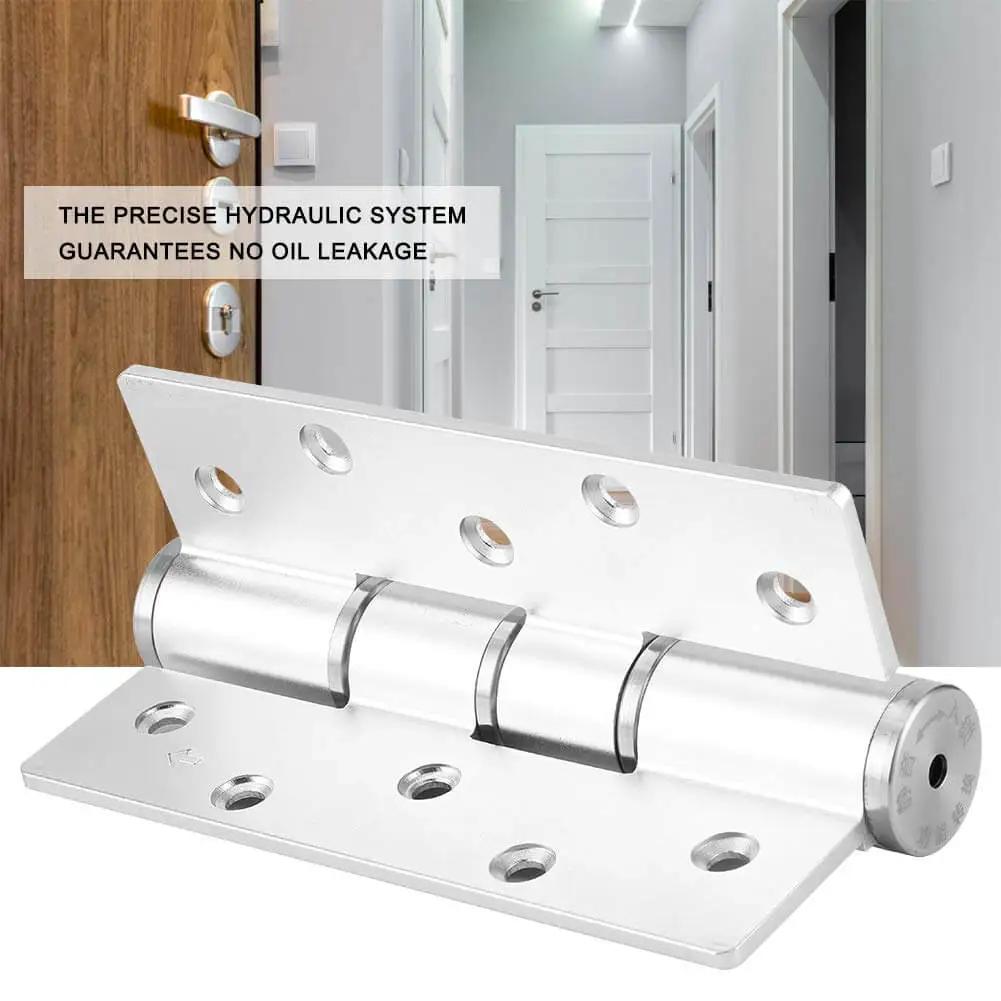 E Type Concealed Door Hinge With Hydraulic Automatic Closing And Damping Aluminum Construction Adjustable Speed Silent Operation Ideal For Interior Doors And Cabinets Rust Resistant Heavy Duty Door Closer Hinge, shown installed on a wooden door.