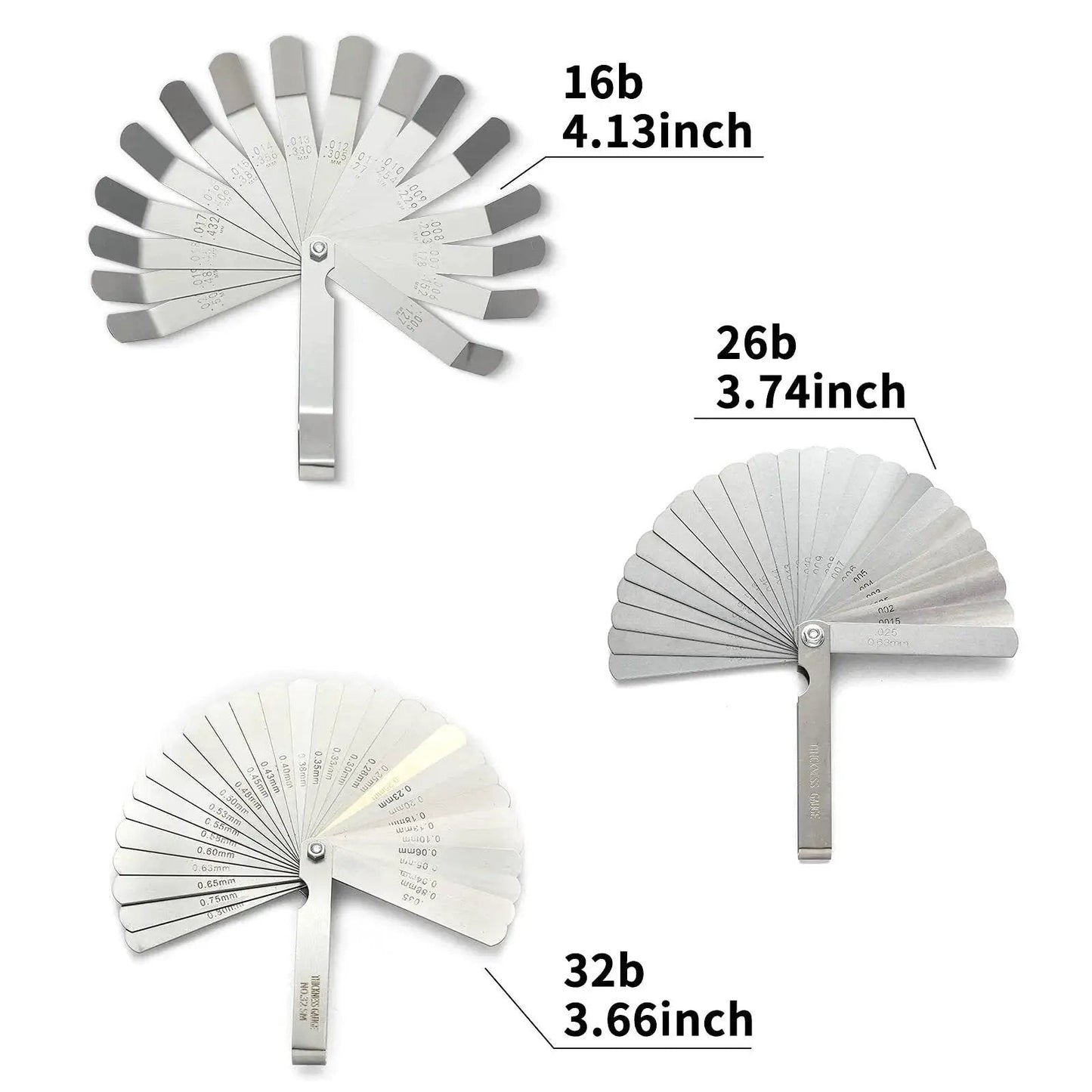 Three Piece Feeler Gauge Set With 32 And 26 Blade Gauges And Offset 16 Blade Gauge Stainless Steel Dual Marked Metric And Imperial Gap Tool For Automotive Repair And Engine Tuning Today, displaying open gauges with blade details.