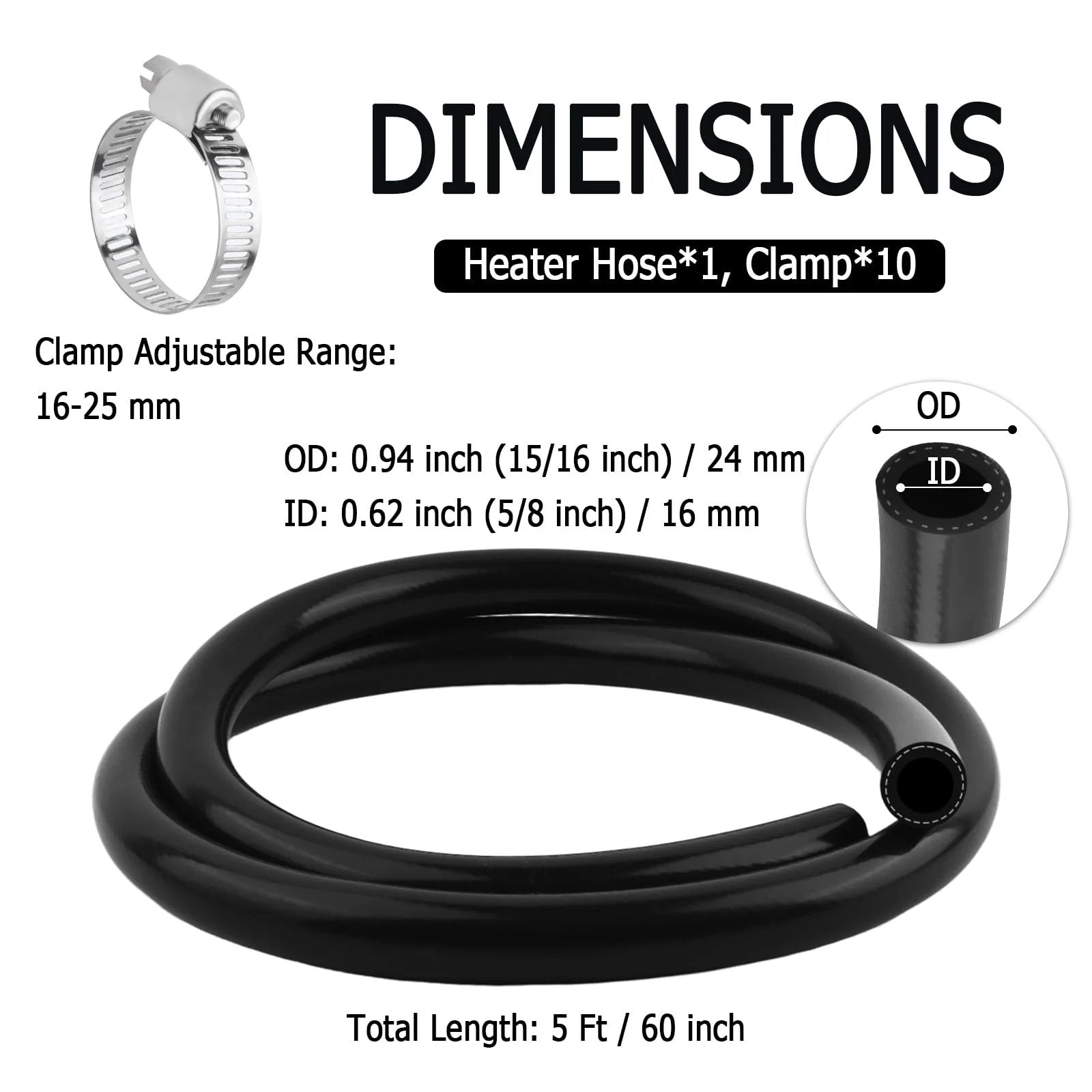 Five Eighth Inch Silicone Heater Hose Kit With Ten Clamps, Straight Coolant Hose 16mm ID And 24mm OD, coiled 5 ft length
