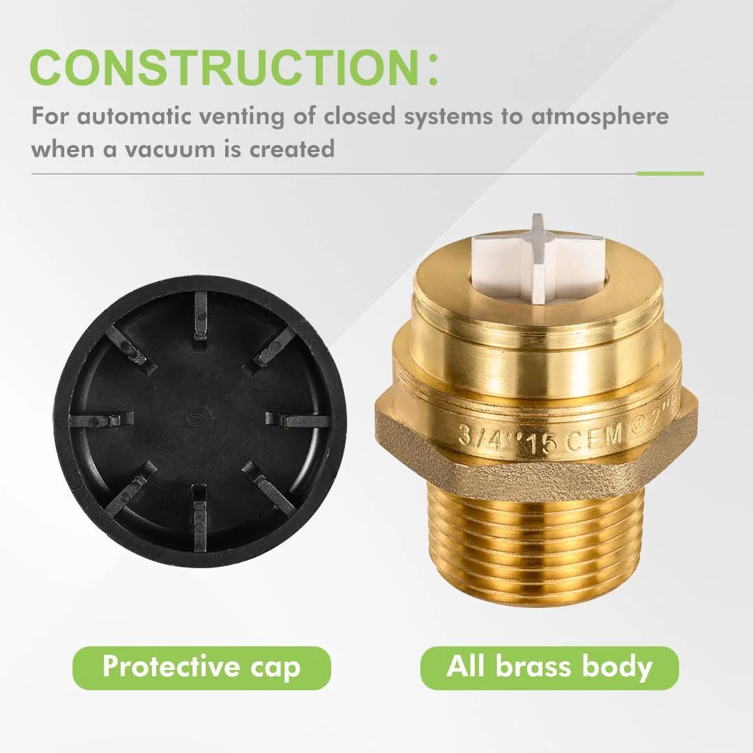 Vacuum Relief Valve Three Quarter Inch Brass Tubular Water Service Low Profile With Dust Cover For Water Heaters And Tanks Leak Proof Lead Free ANSI Z21 22 CSA Certified shown with protective cap and brass body