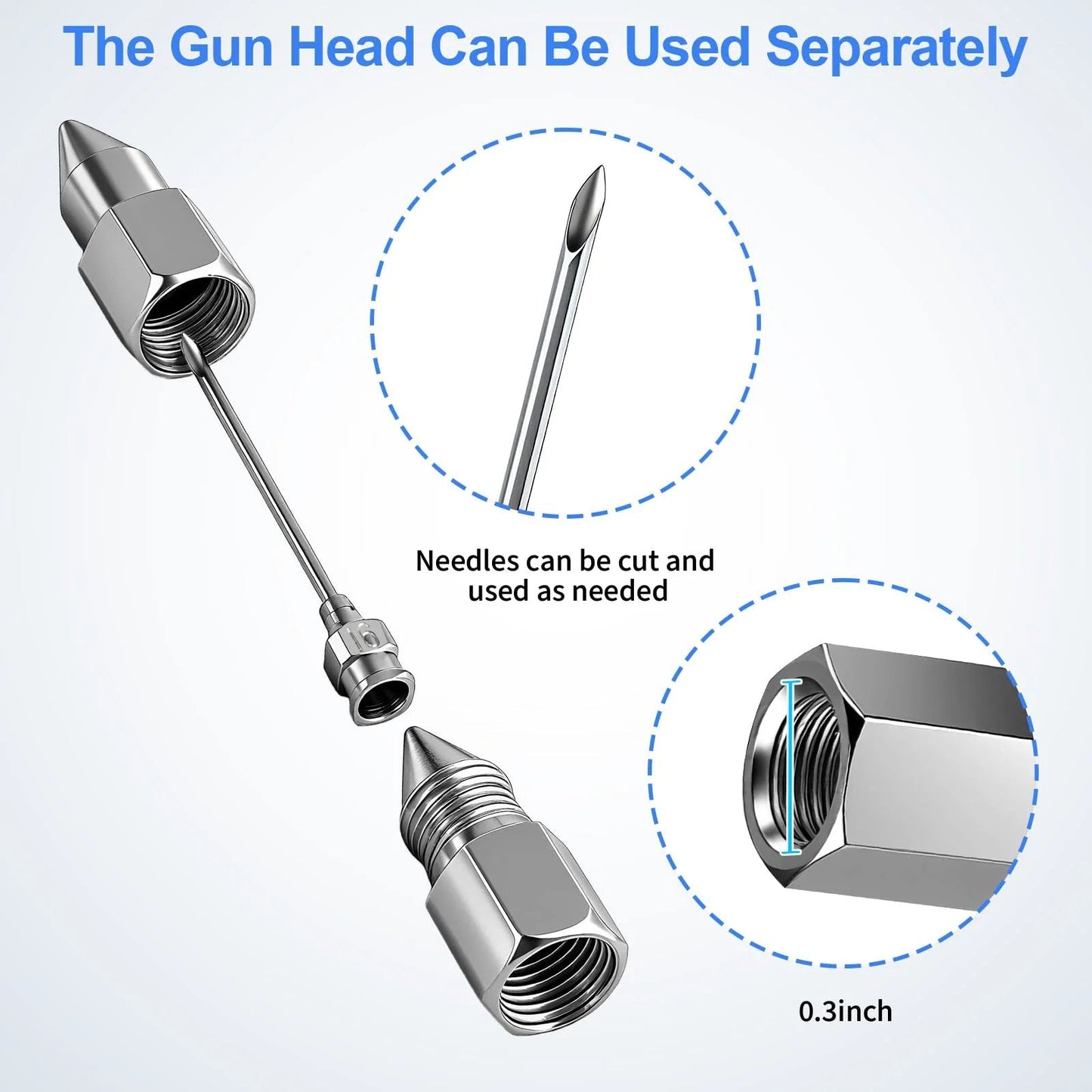 Must Have Pro Grade Grease Gun Needle Tips Kit With Two Needle Nozzles, One Dispenser, One Rubber Joint Fitting, And Detachable Tip For Narrow Tight Spaces, Durable Steel Construction For Auto, Industrial Machinery And Workshop Maintenance parts shown separately