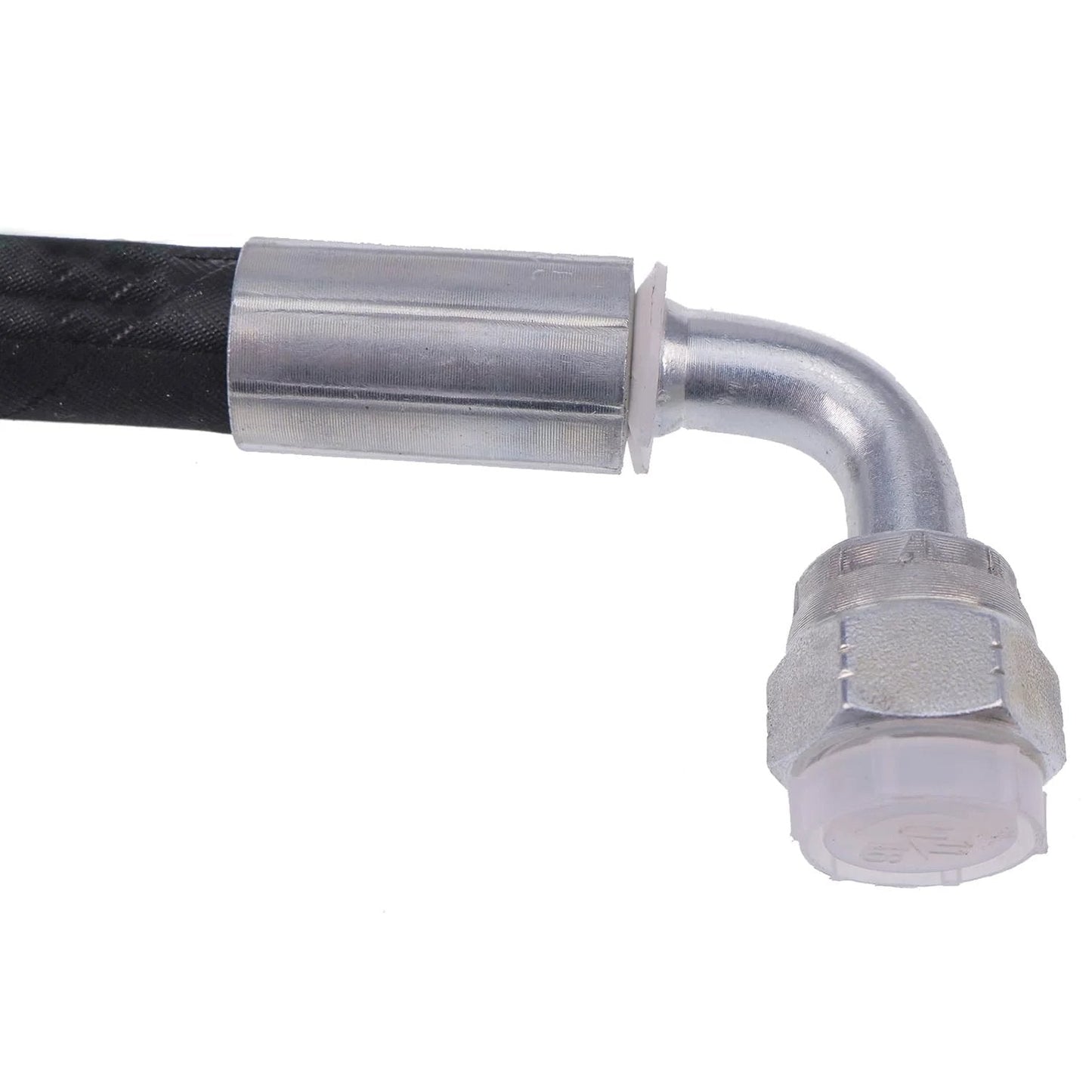 Close-up of a silver heavy duty hydraulic hose AW29374 fitting, compatible with John Deere front loaders D120 H120 H130 H160 H165