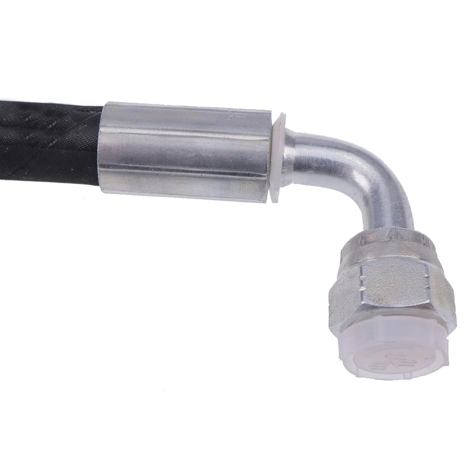 Close-up of a silver heavy duty hydraulic hose AW29374 fitting, compatible with John Deere front loaders D120 H120 H130 H160 H165