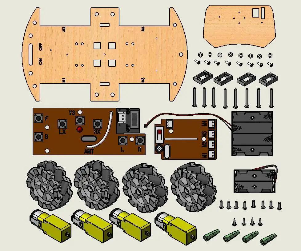 DIY 4WD Remote Control Car Kit for Kids Ages 6 7 8 9 10 11 12 Build Your Own Robotic Car With 68mm Mecanum Wheels And STEM Electronics Lessons components layout